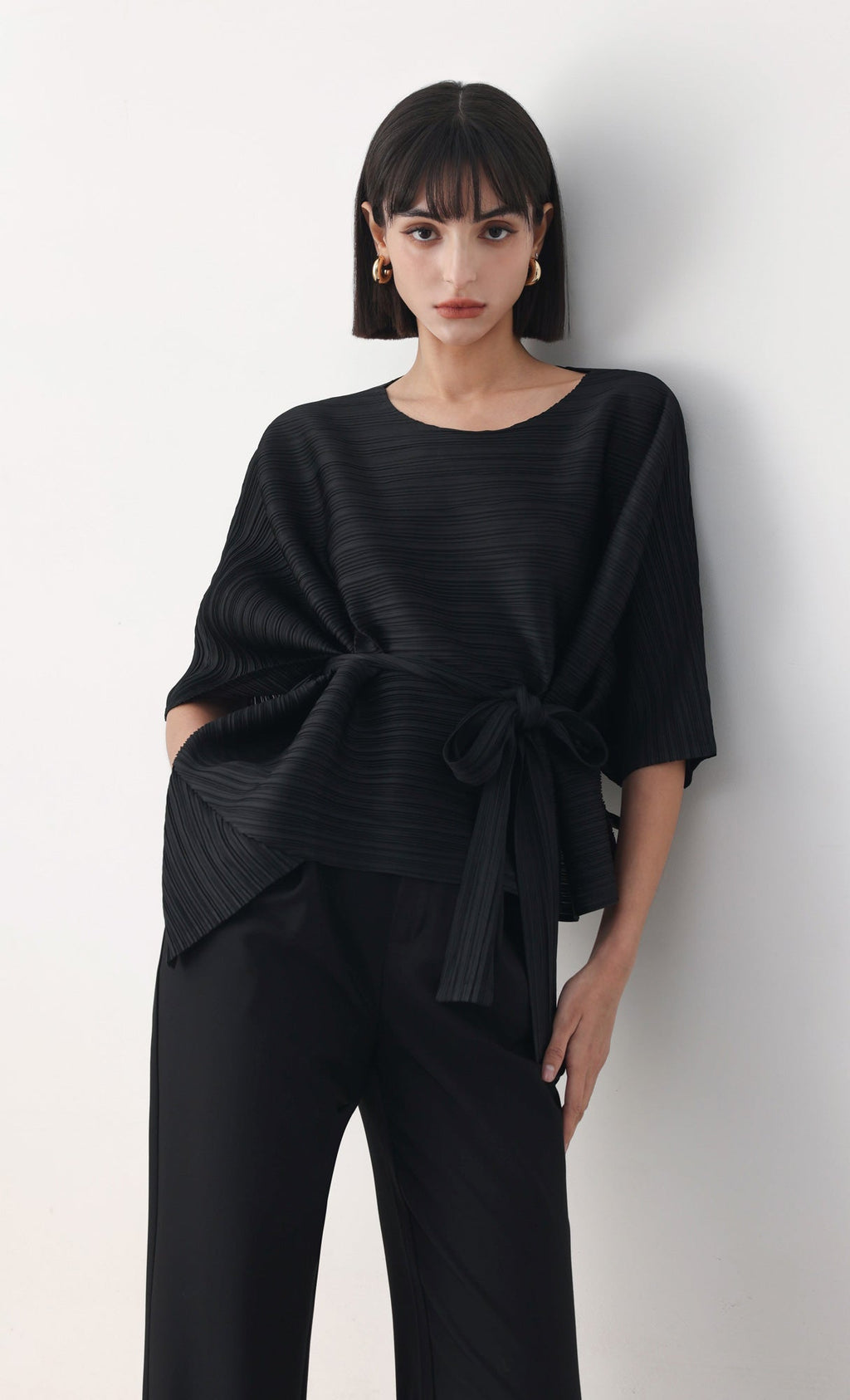 Tria pleated blouse & strap set_black