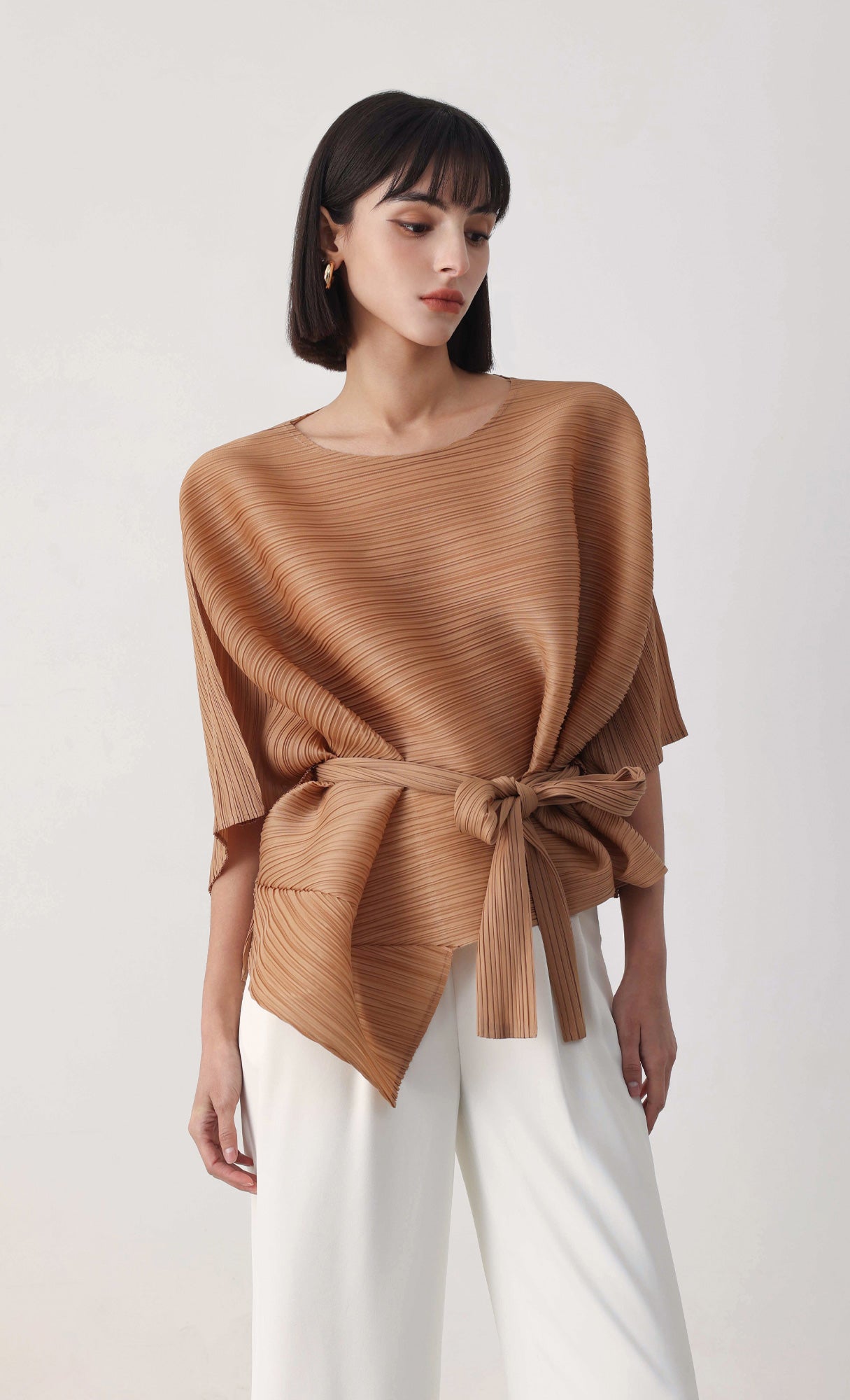 Tria pleated blouse & strap set_camel