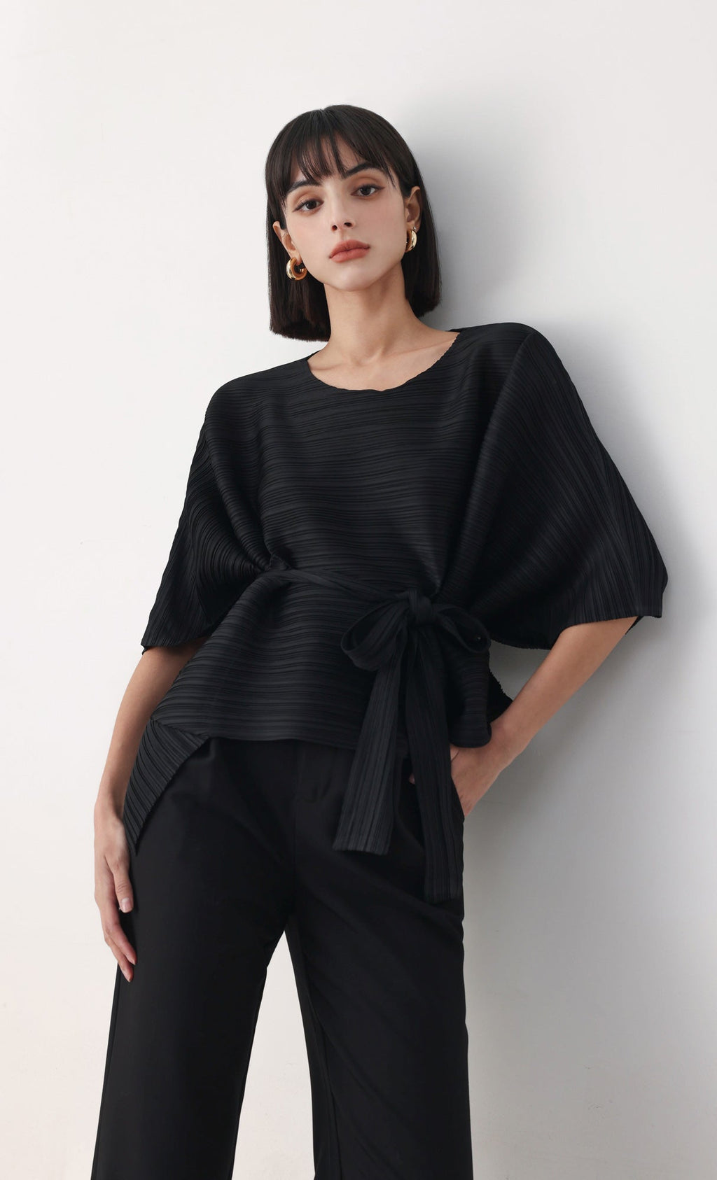 Tria pleated blouse & strap set_black