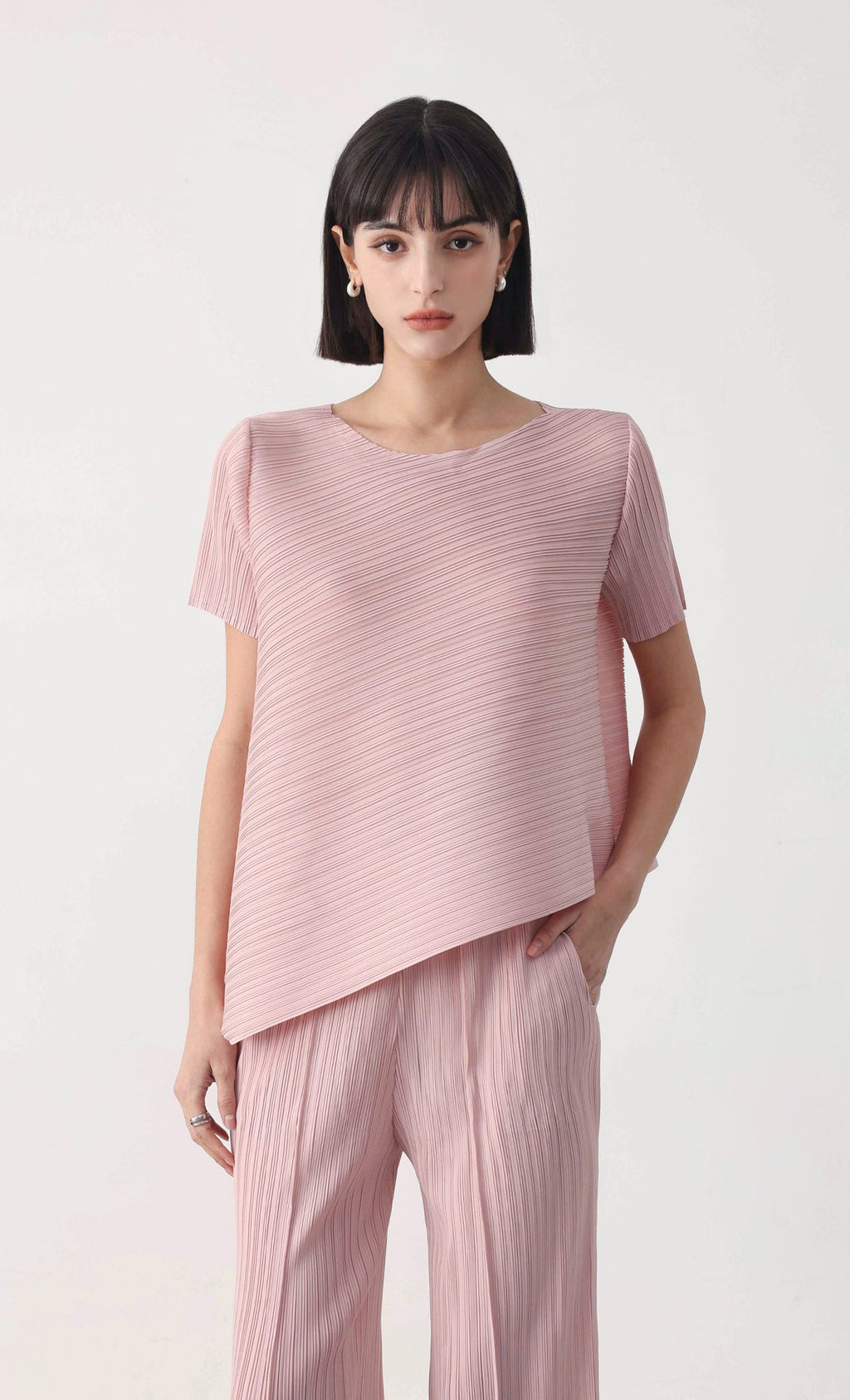 Slashy pleated blouse pants set-up_pink
