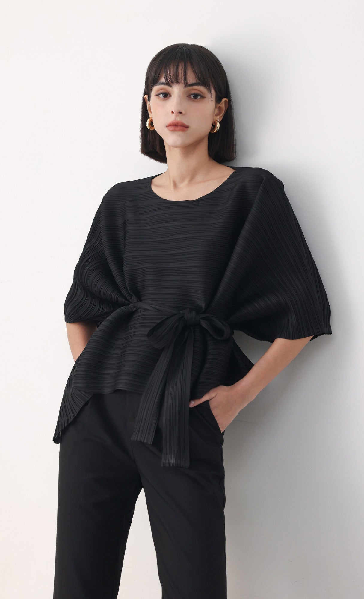 Tria pleated blouse & strap set_black