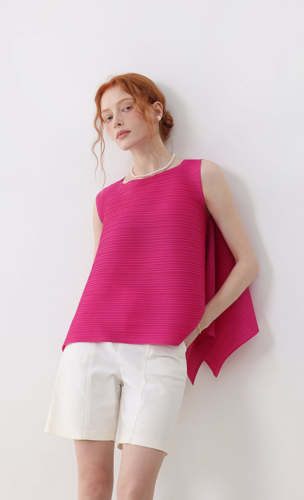 Fine flare pleated top_hot-pink