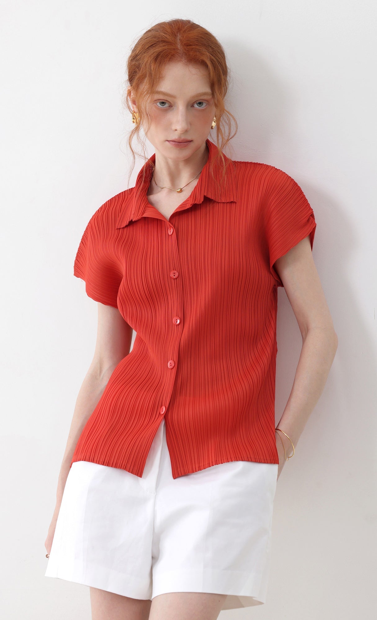 tinted collard pleated shirts_orange