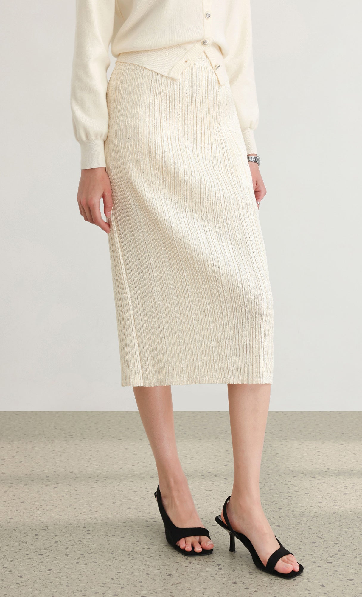 Tweed pleats banding skirt_ivory