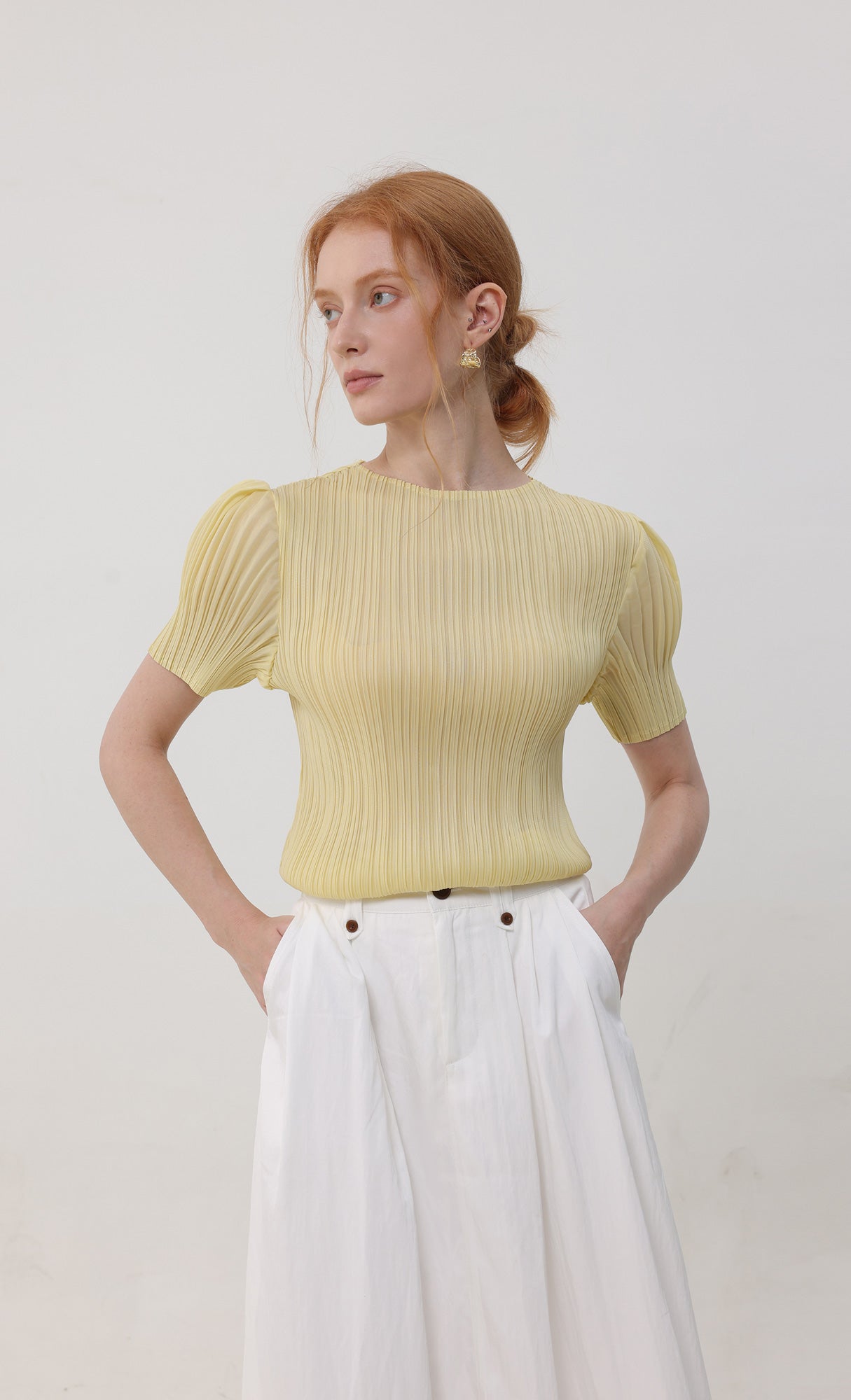 Mellow pleated half sleeve top_yellow