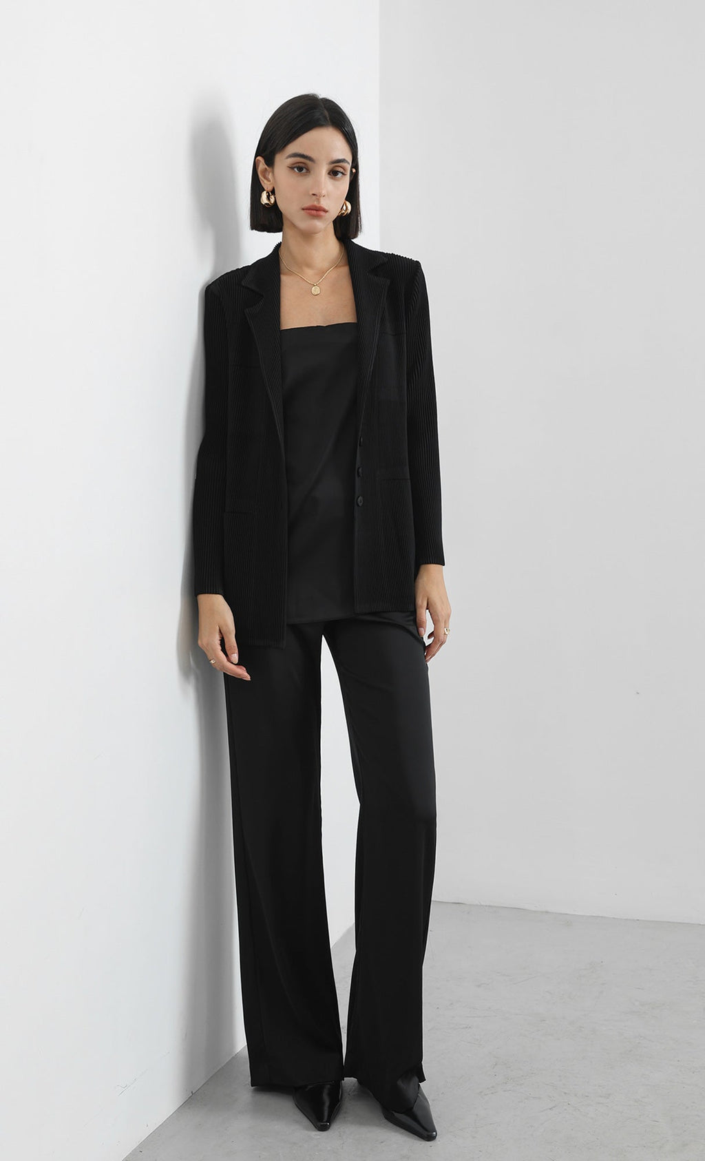 curve pleated set-up jacket_black