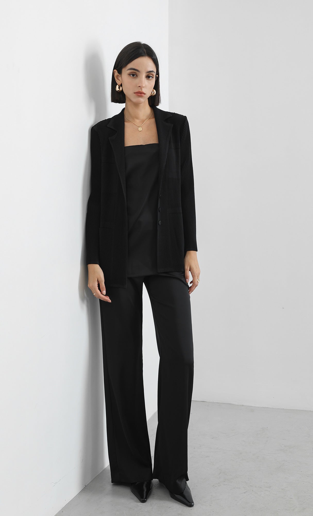 curve pleated set-up jacket_black
