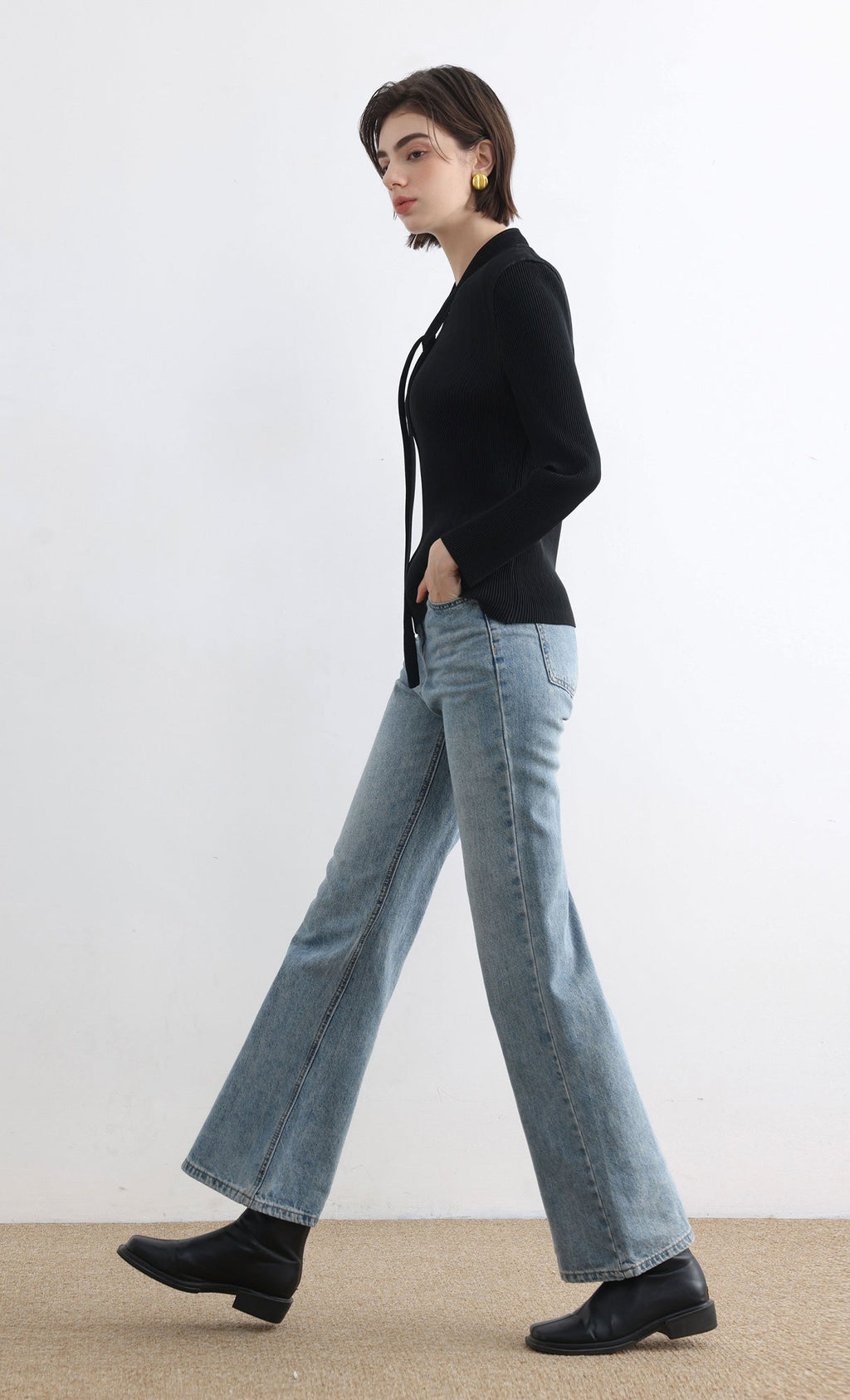 Ribbon Tie Pleated Top_Black