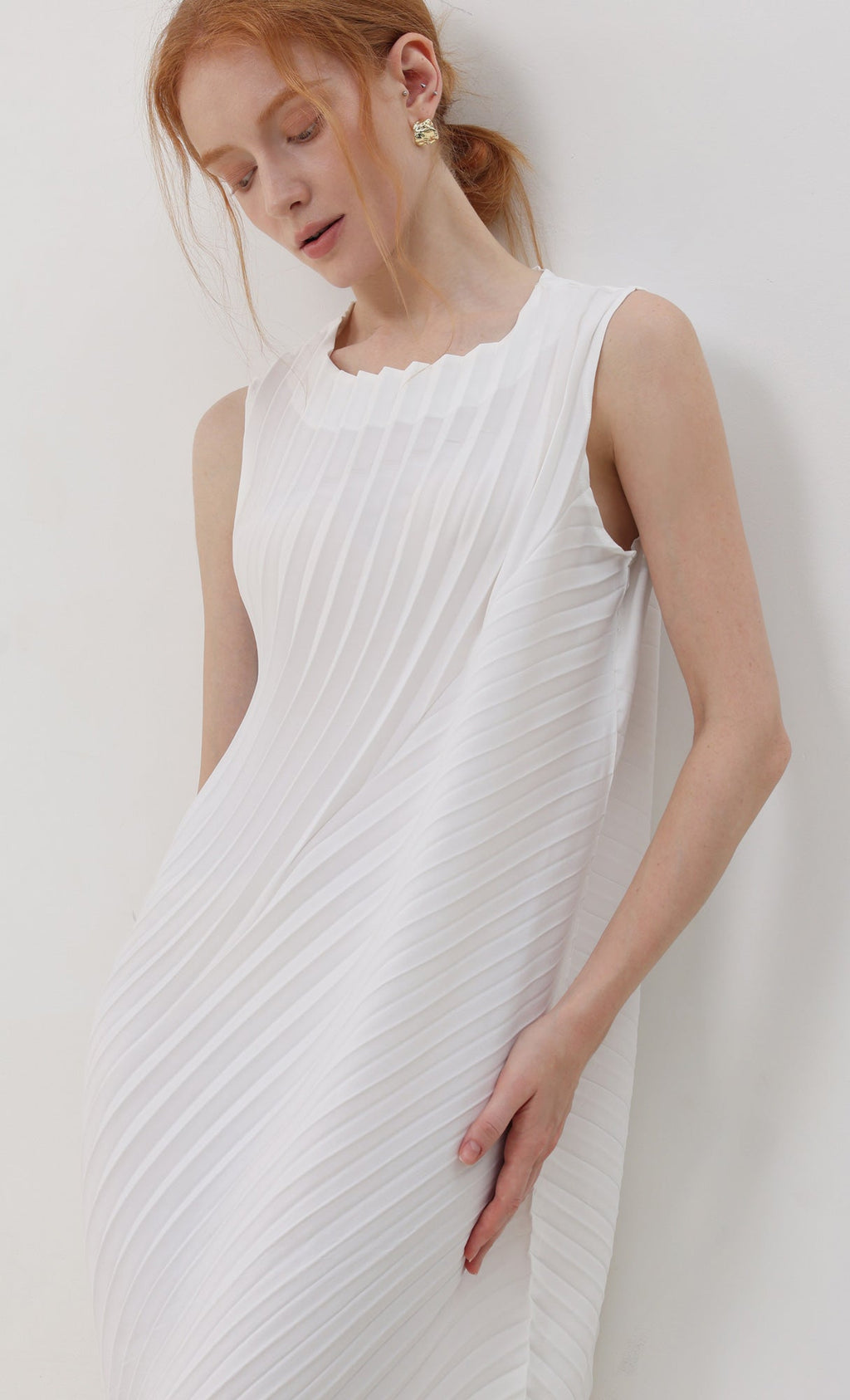 Twist pleated slip dress_white