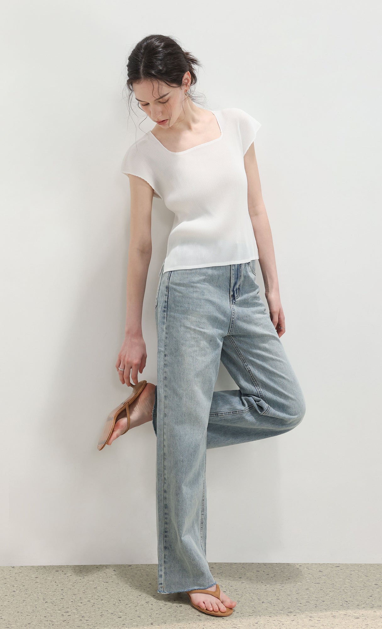 Nora pleated cap-sleeve top_white