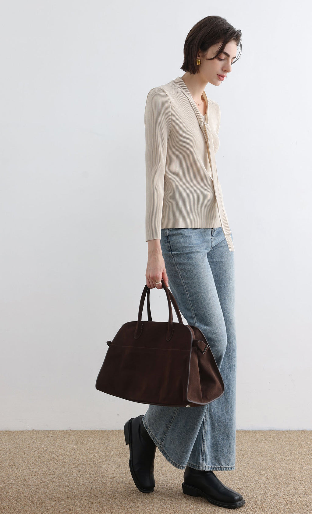 Ribbon Tie Pleated Top_Ivory