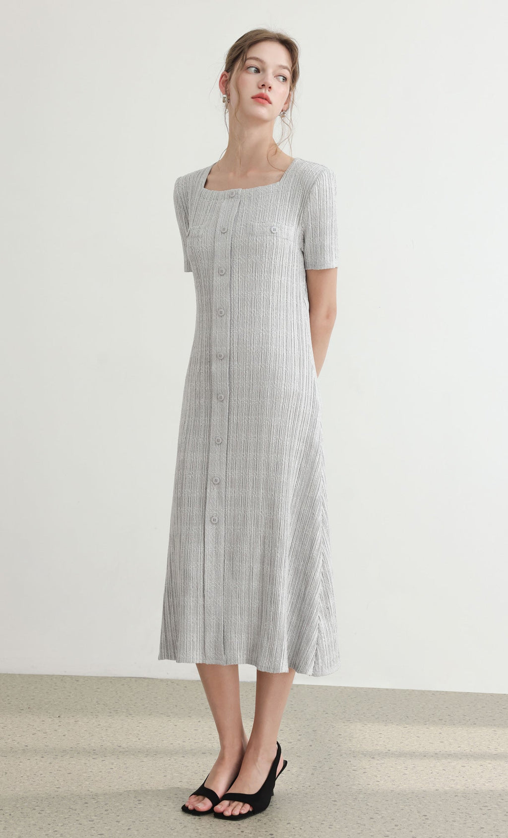 Tweed pleats square neck dress_grey