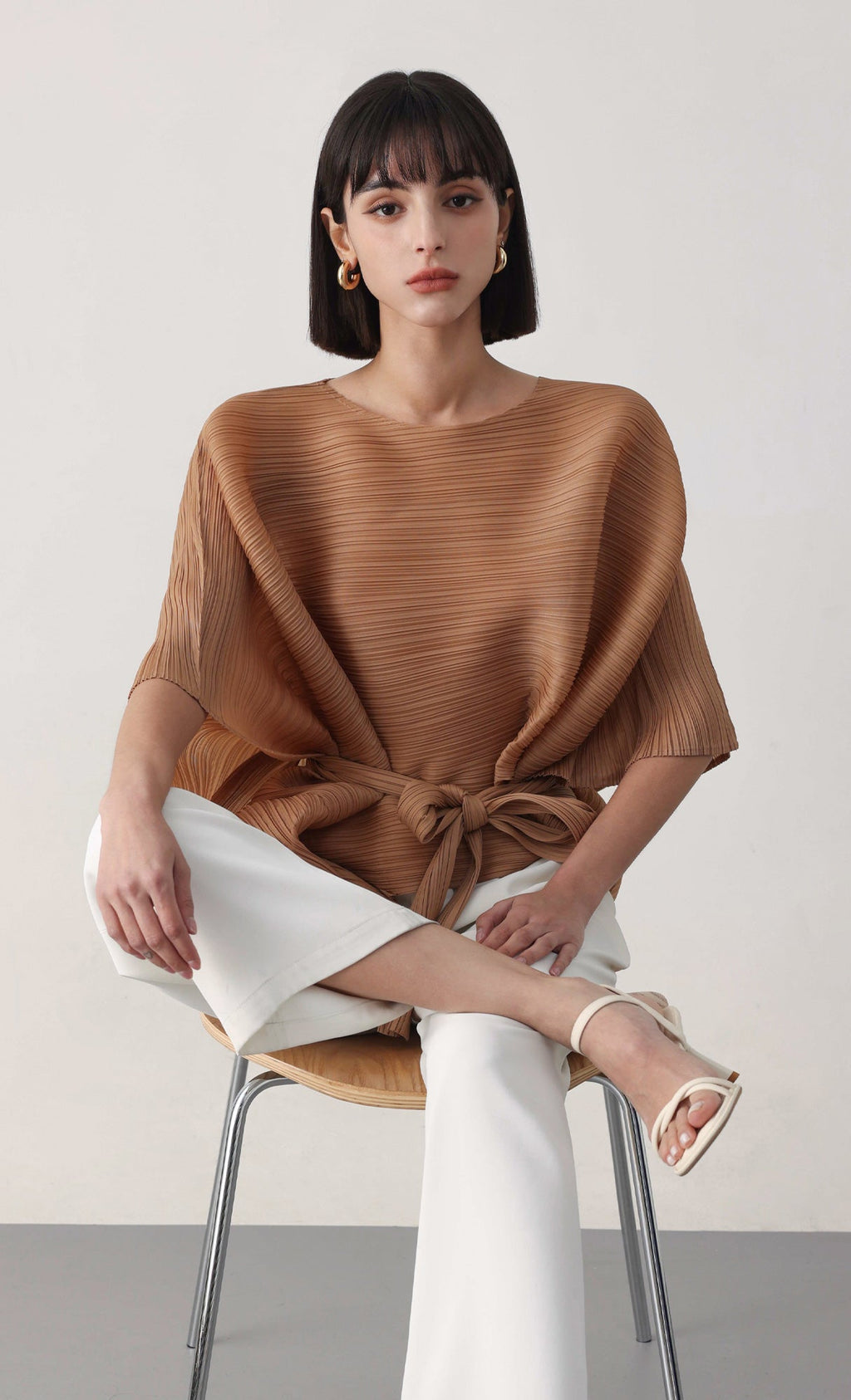 Tria pleated blouse & strap set_camel