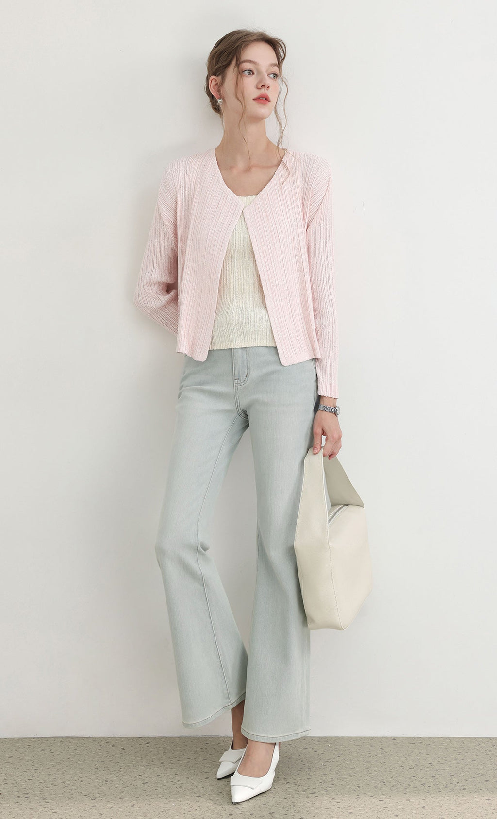 Tweed pleats cardigan_pink