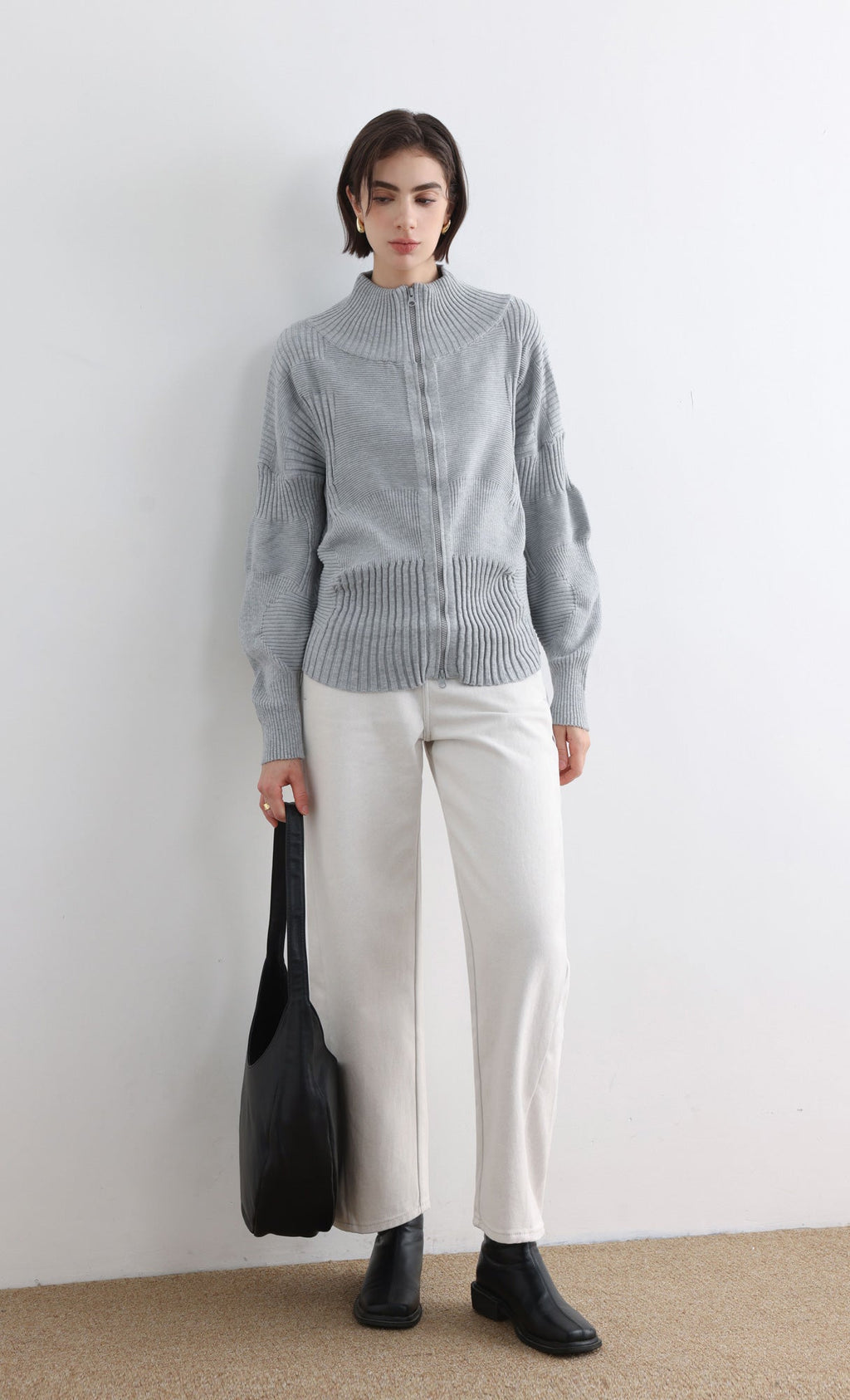 High Neck Knitted Pleated Zip-Up Cardigan_Grey