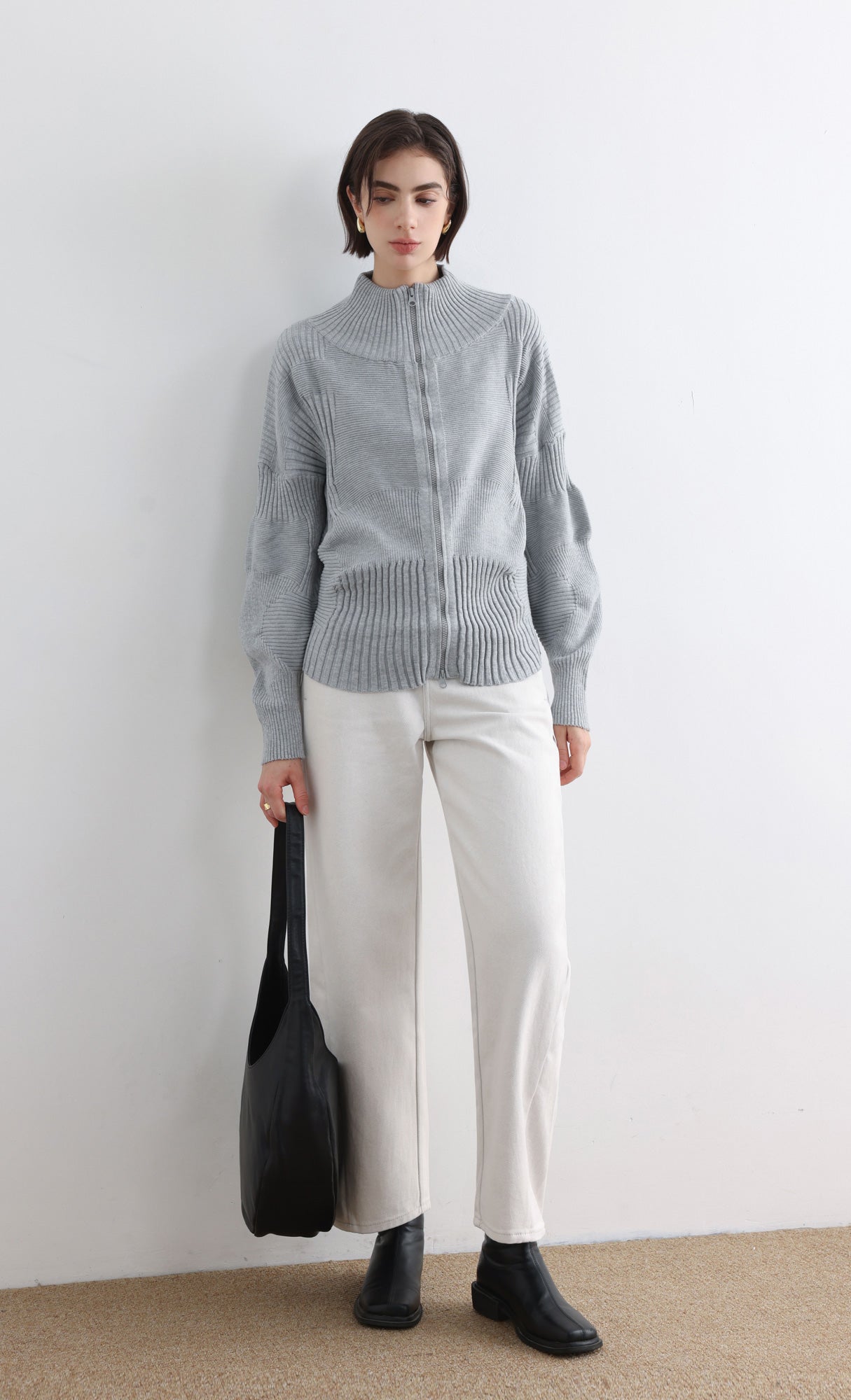 High Neck Knitted Pleated Zip-Up Cardigan_Grey