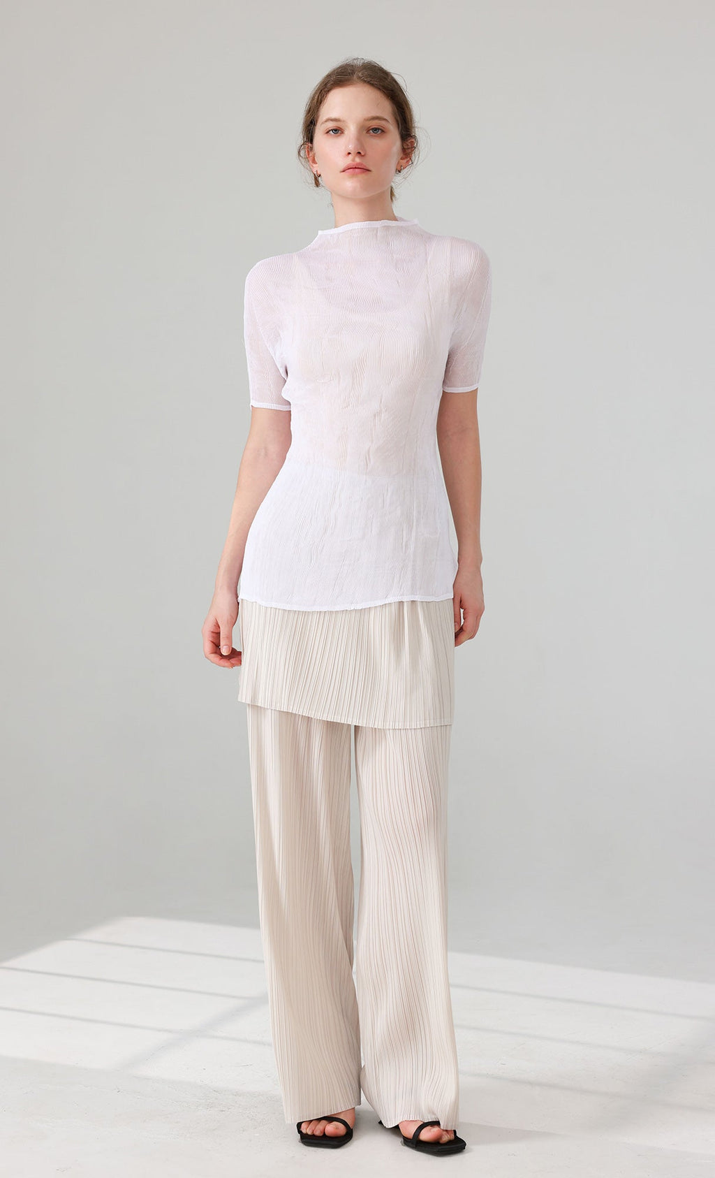 Siny Pleated Layered Wrap Skirt Pants Set_ivory