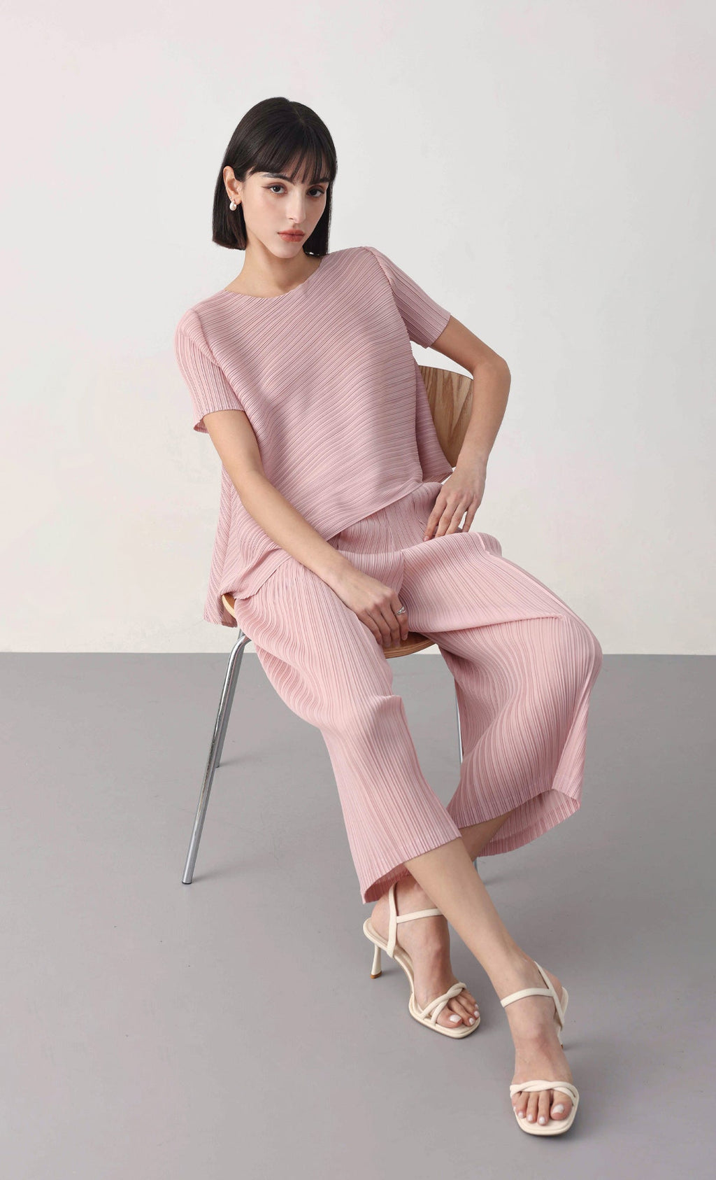 Slashy pleated blouse pants set-up_pink