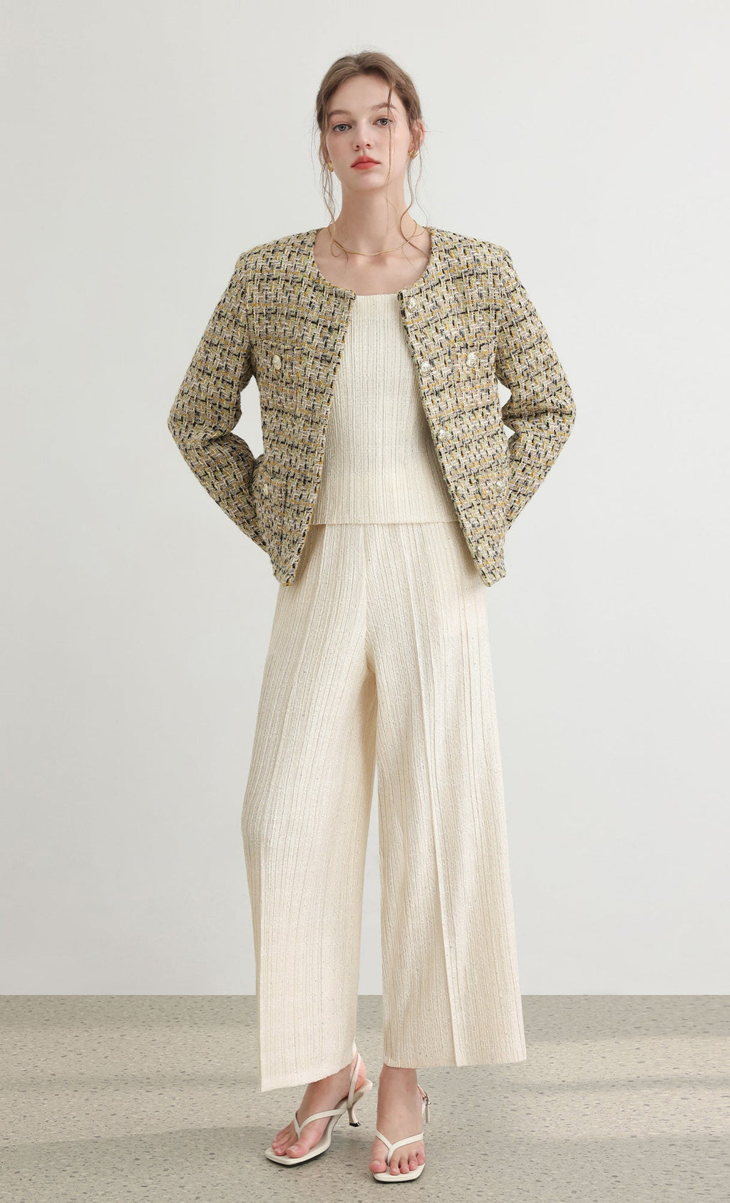 Tweed pleats pintuck pants_ivory