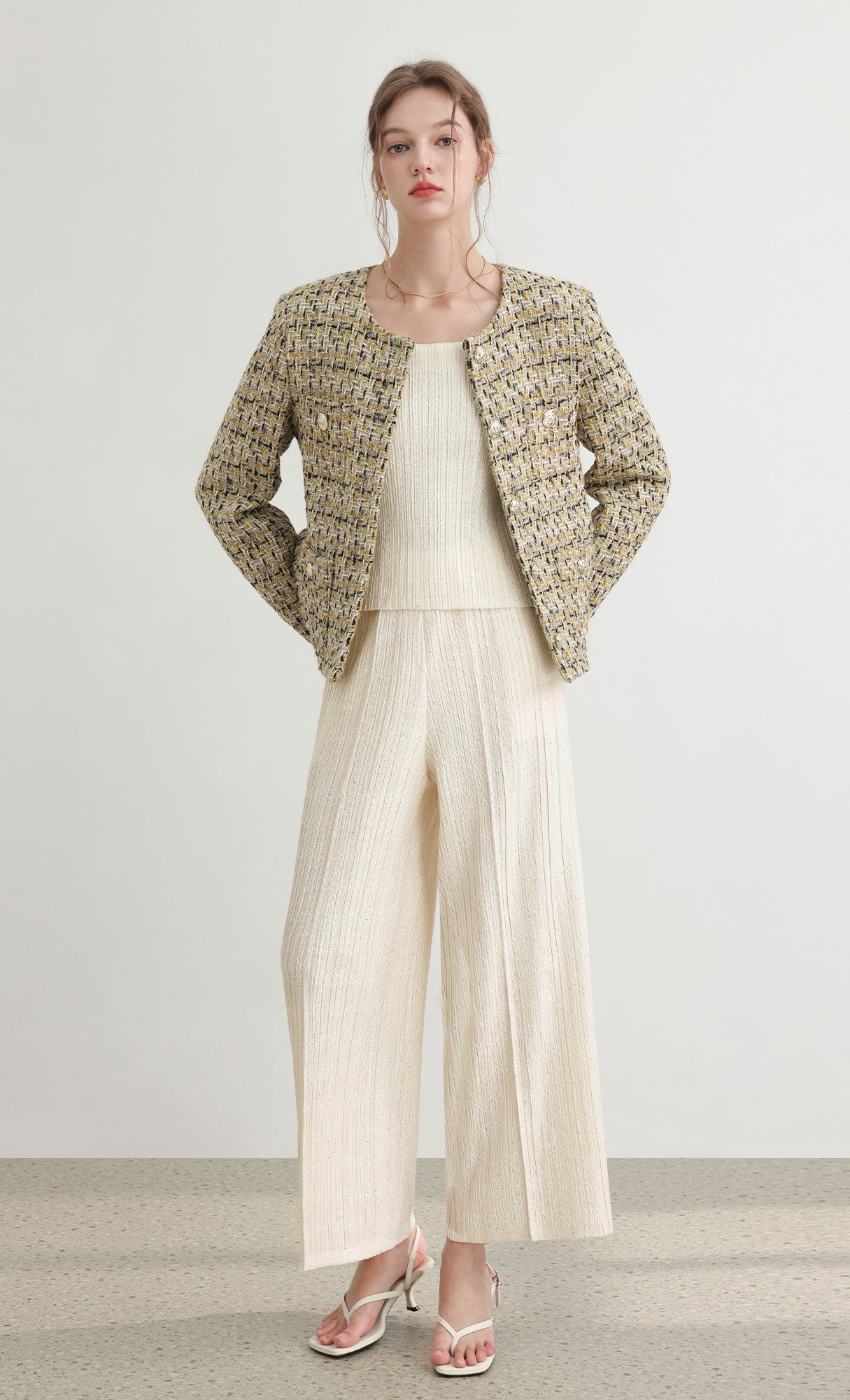 Tweed pleats pintuck pants_ivory