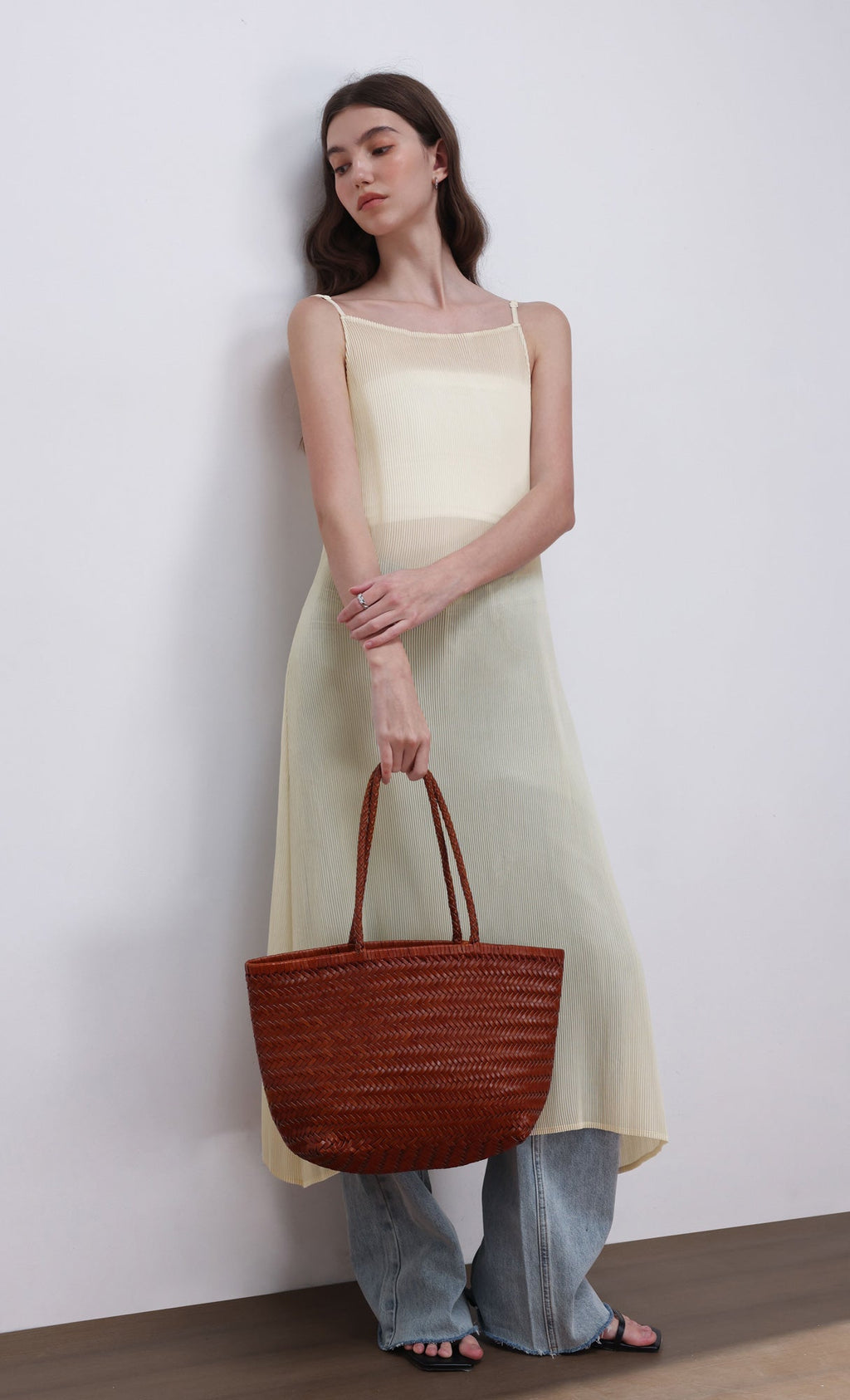 Sheer pleated layering dress_ivory
