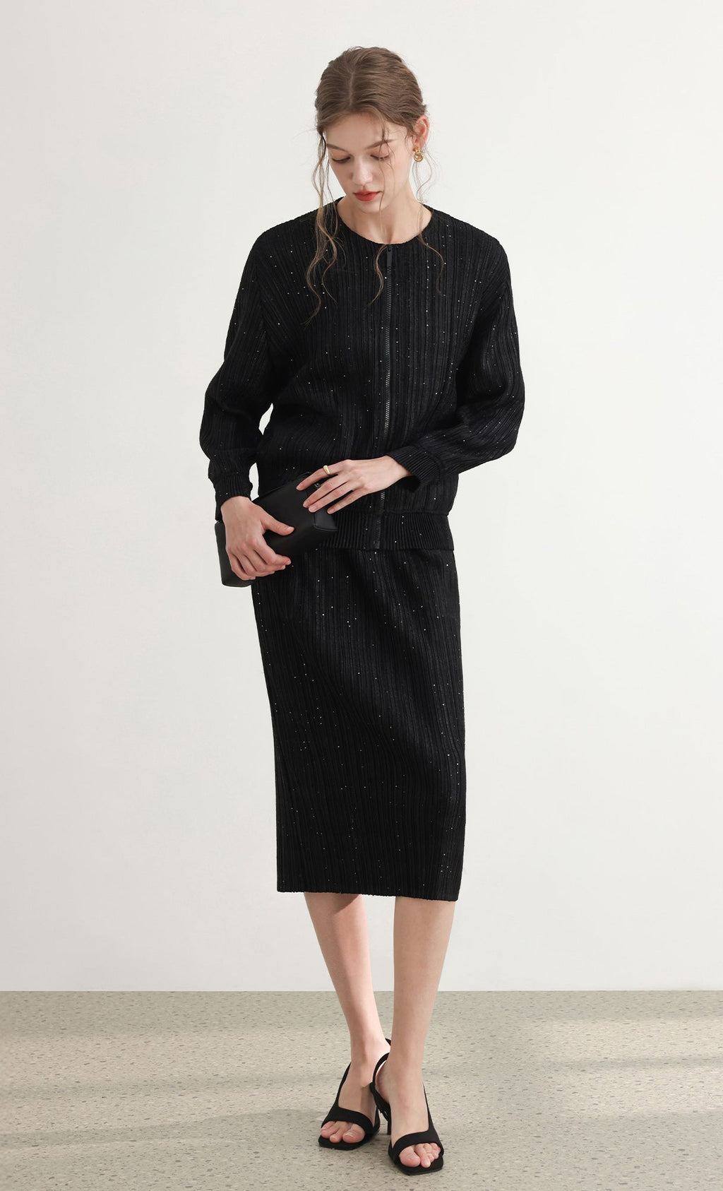 Tweed pleats banding skirt_black