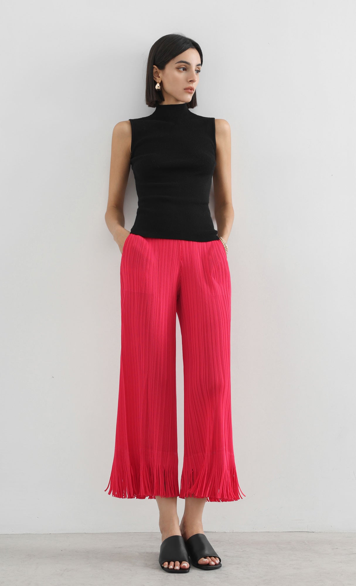 frill hem pleated pants_red