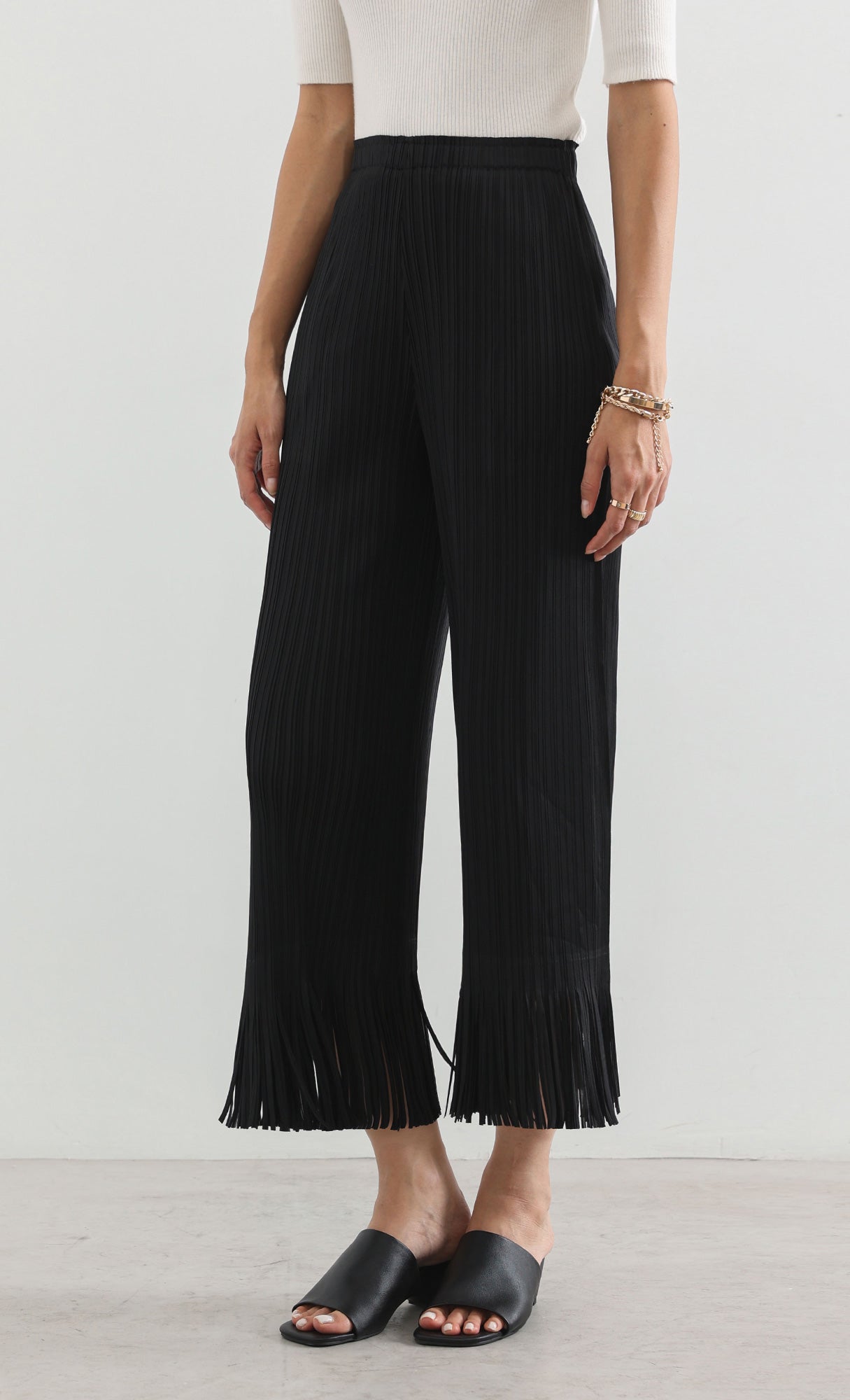 frill hem pleats pants_black