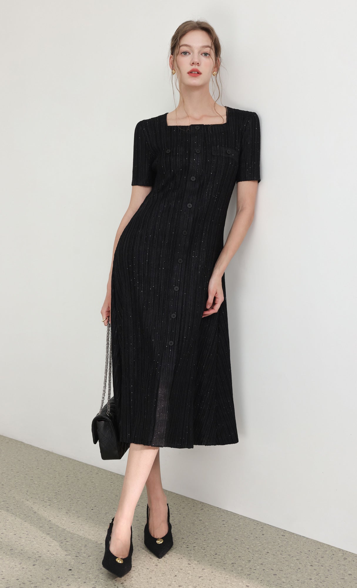 Tweed pleats square neck dress_black