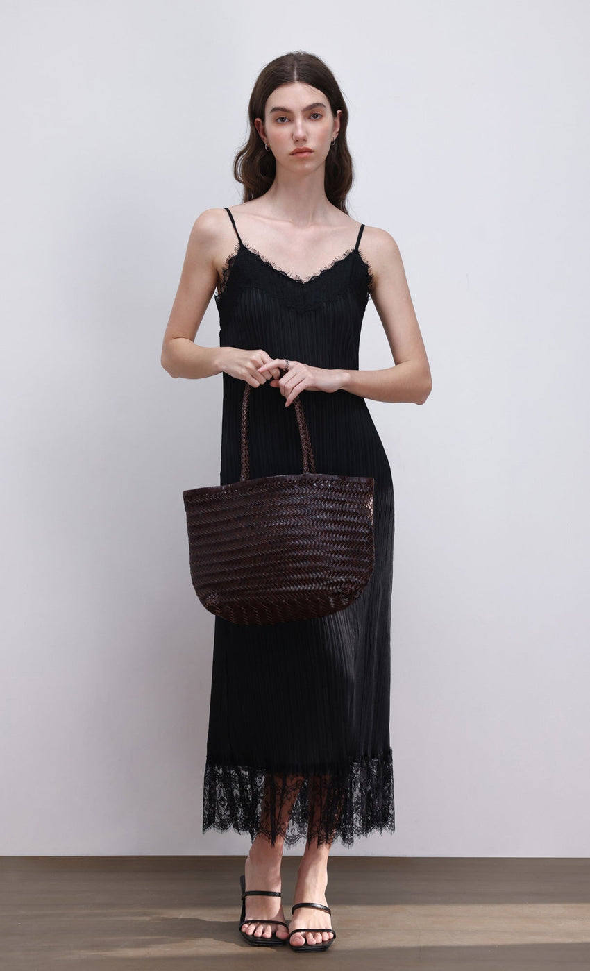 Pleated lace slip dress (black)