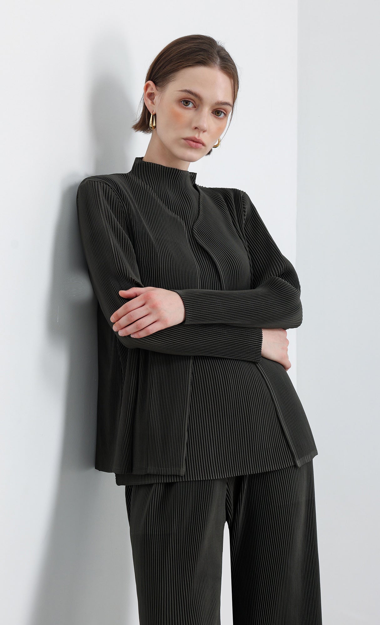Essential Pleated Cardigan_Khaki