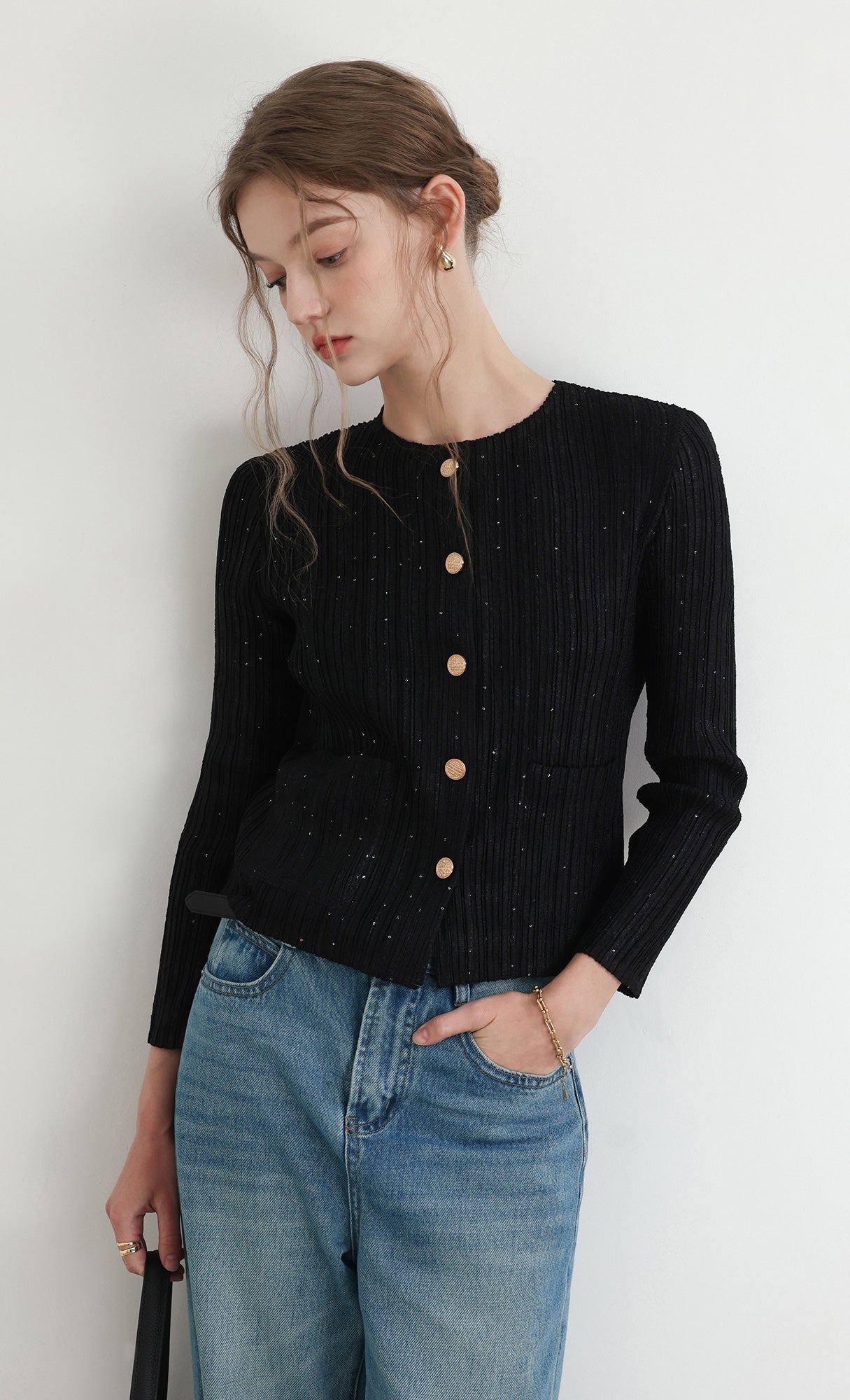 Tweed pleats cardigan jacket_black