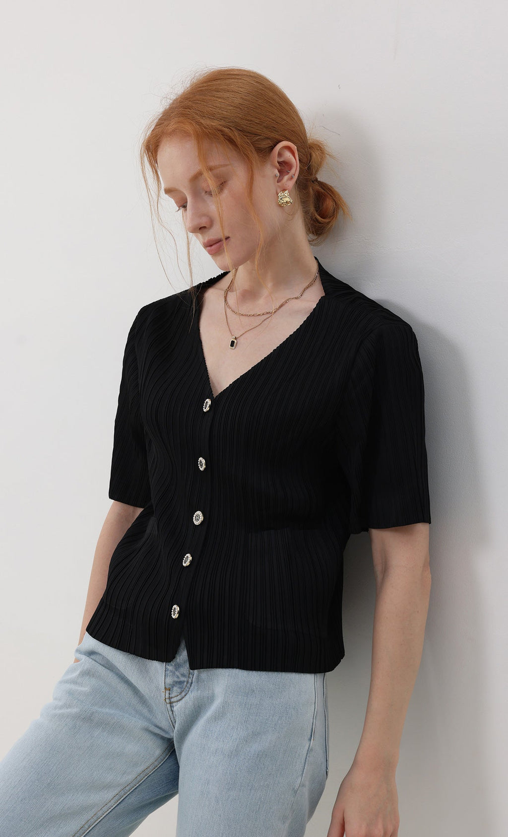 Button pleated short-sleeve top_black