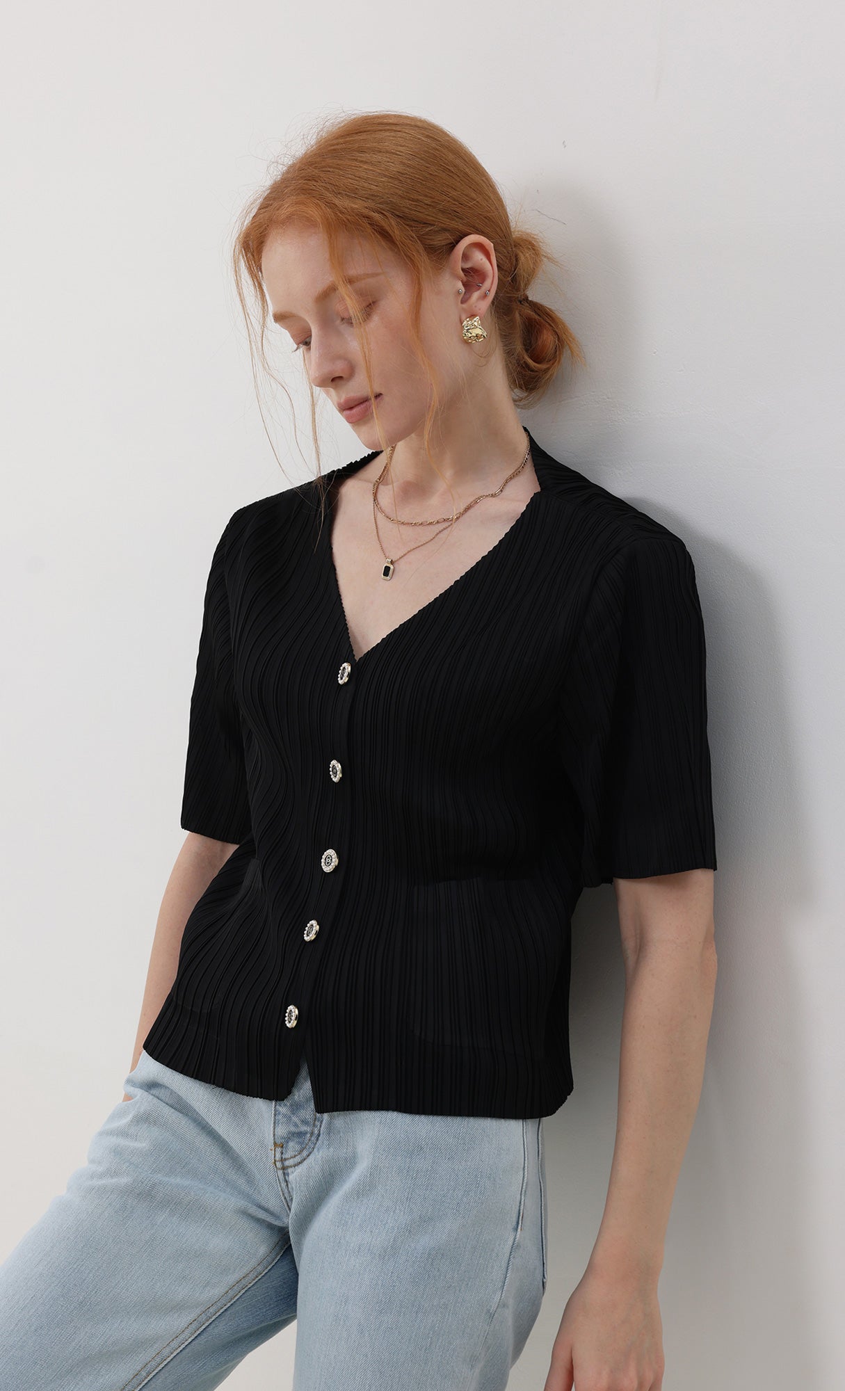 Button pleated short-sleeve top_black