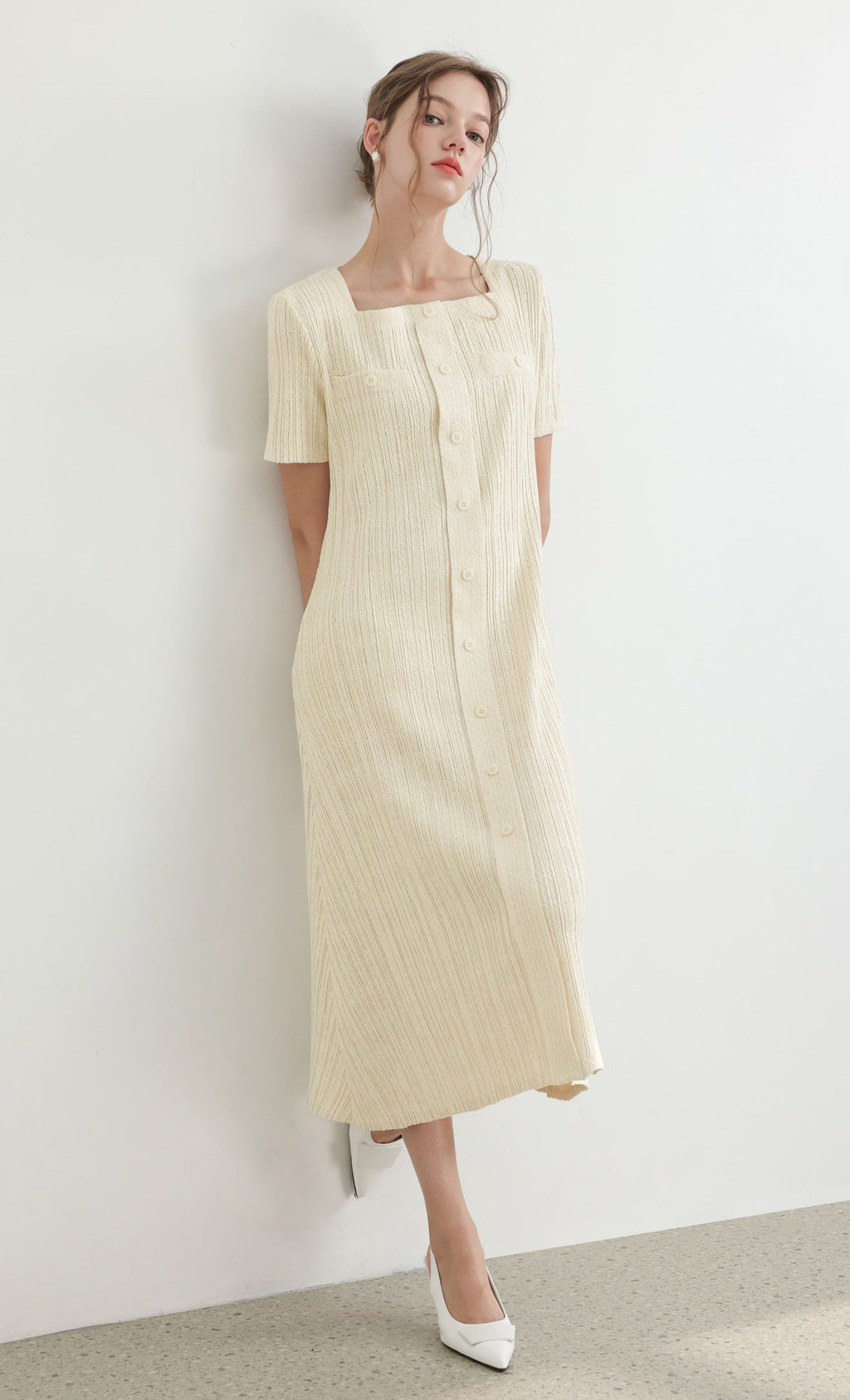 Tweed pleats square neck dress_ivory