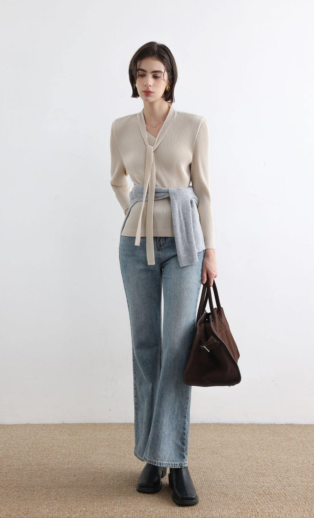 Ribbon Tie Pleated Top_Ivory