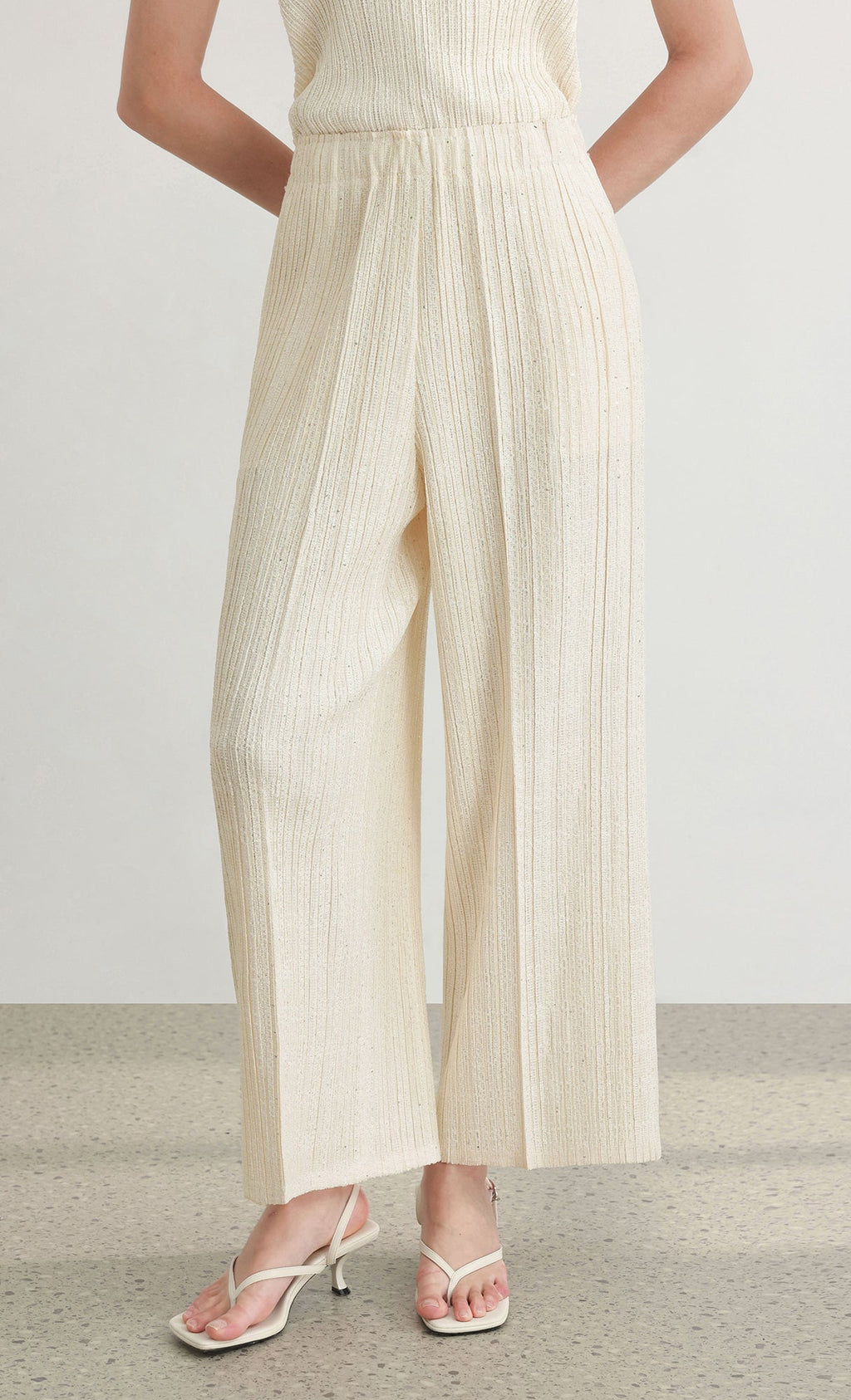 Tweed pleats pintuck pants_ivory