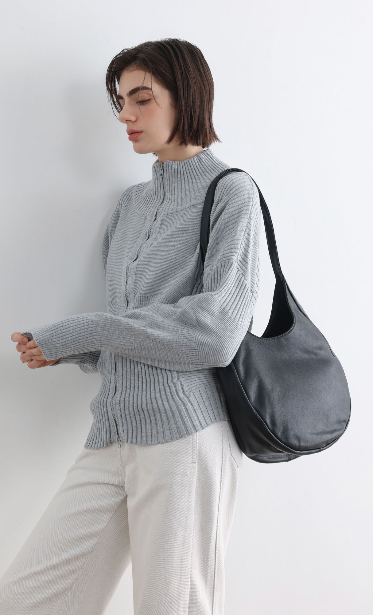 High Neck Knitted Pleated Zip-Up Cardigan_Grey