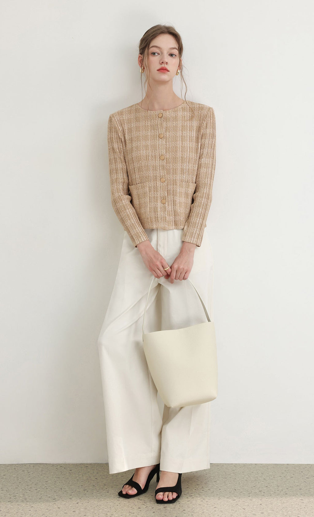 Tweed pleats cardigan jacket_beige