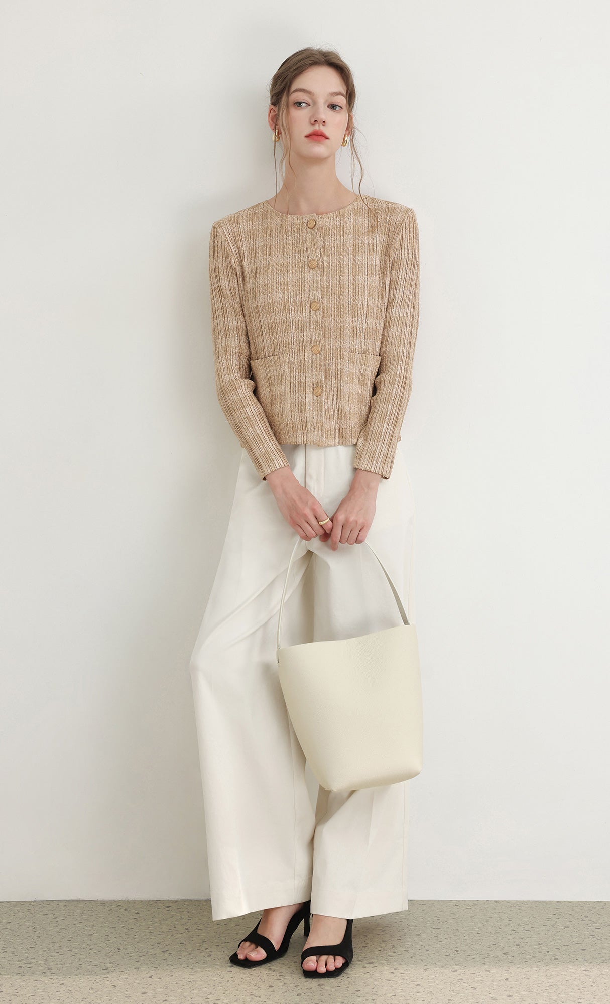 Tweed pleats cardigan jacket_beige