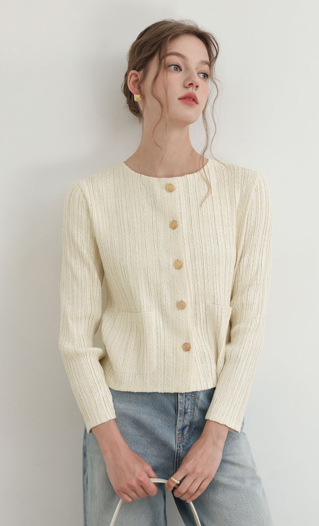 Tweed pleats cardigan jacket_ivory
