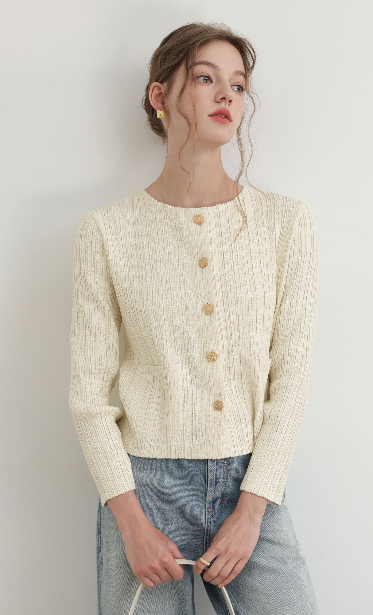 Tweed pleats cardigan jacket_ivory