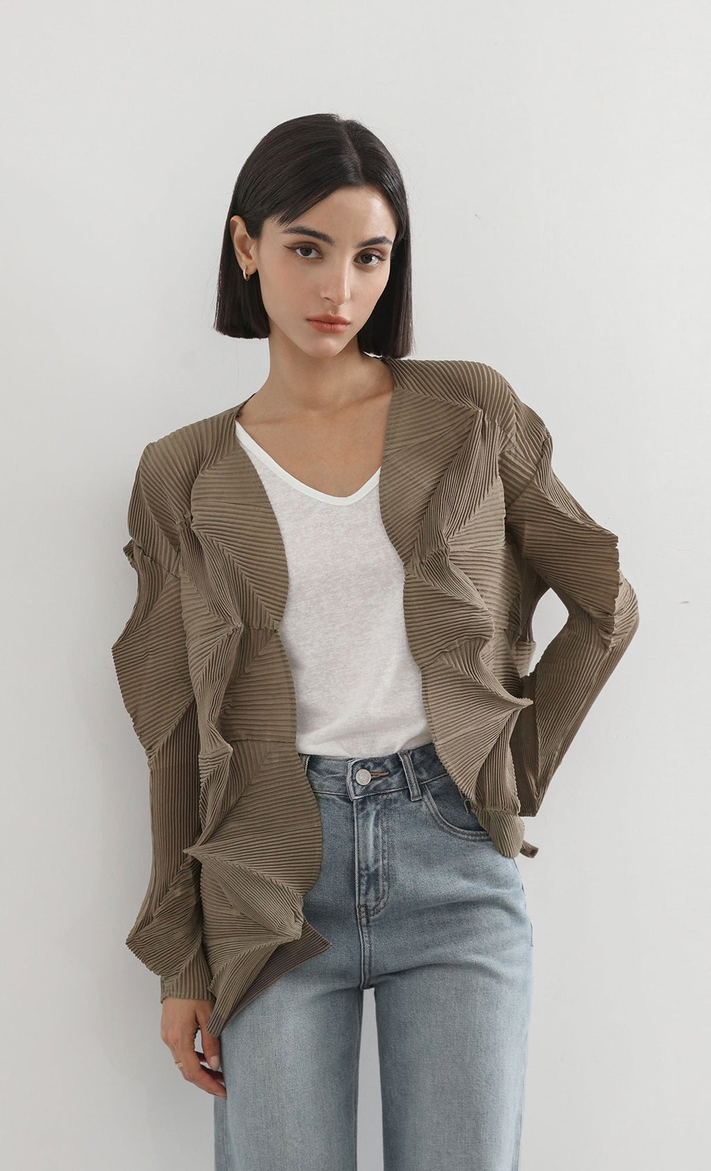 geo pleated jacket cardigan_brown