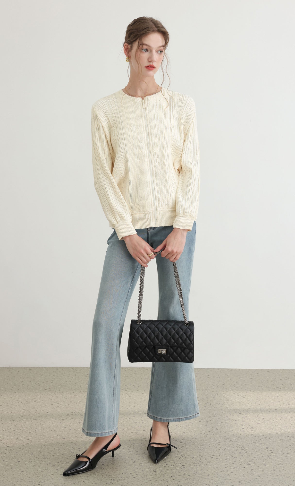 Tweed pleats blouson jumper_ivory