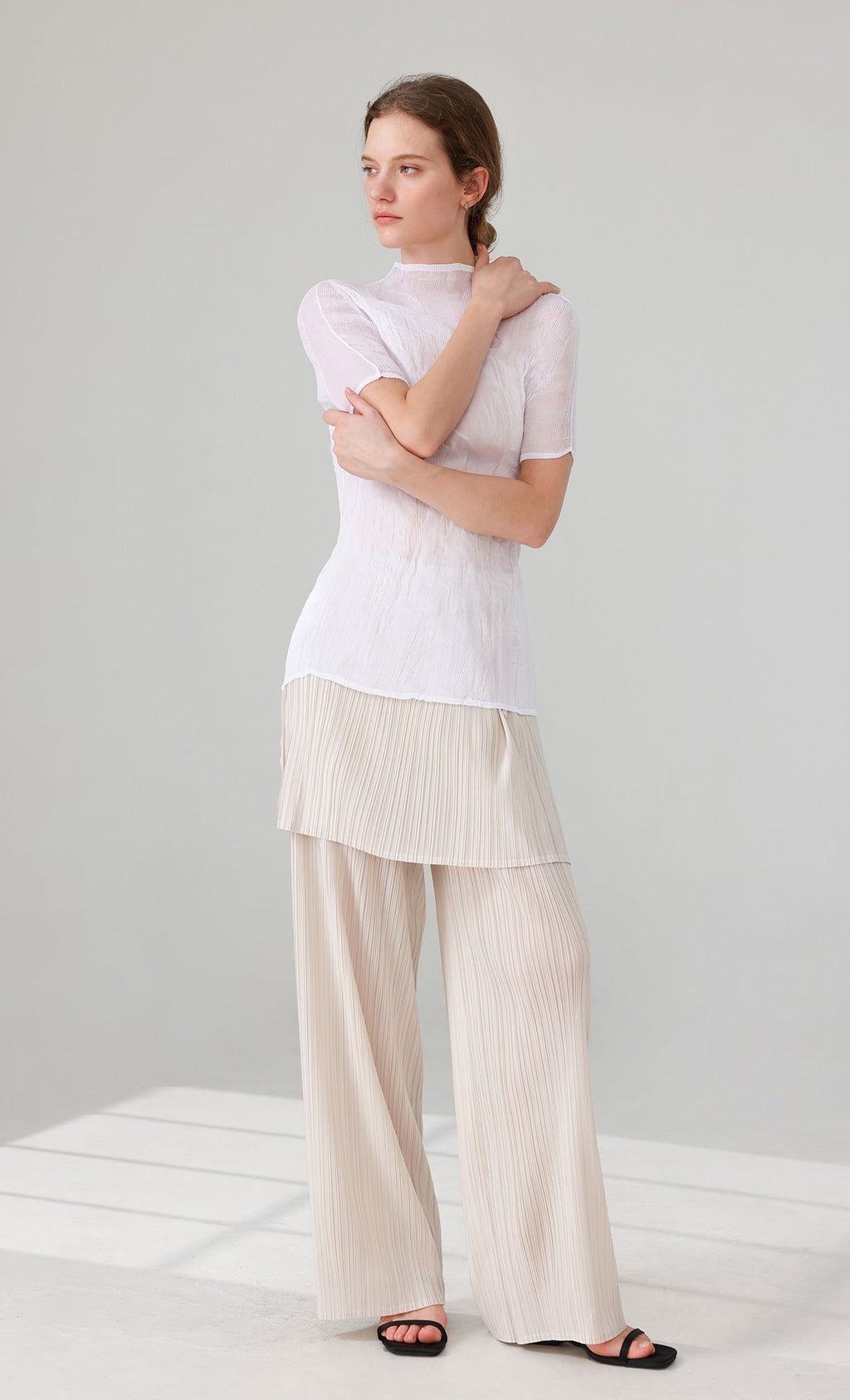 Siny Pleated Layered Wrap Skirt Pants Set_ivory