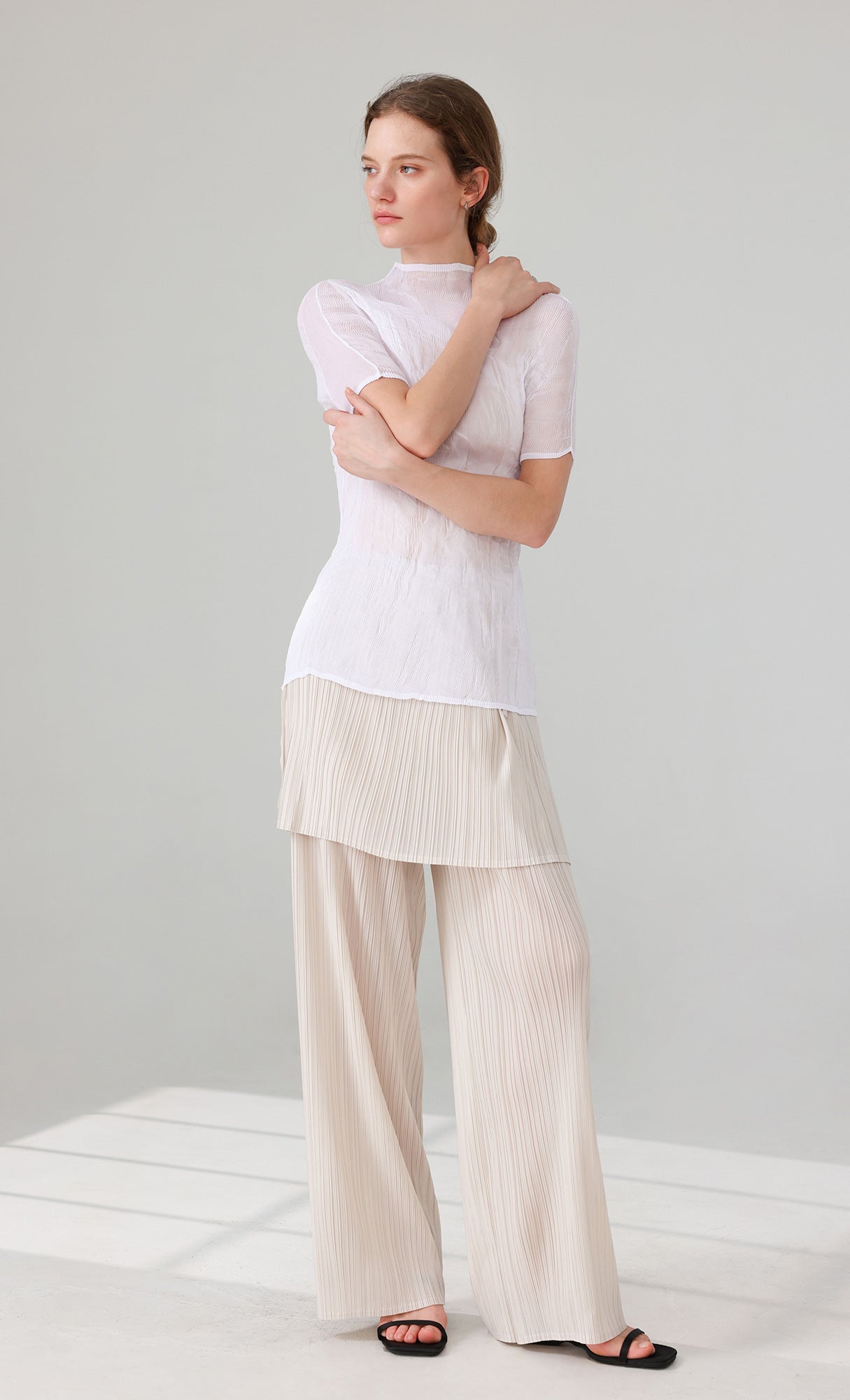 Siny Pleated Layered Wrap Skirt Pants Set_ivory