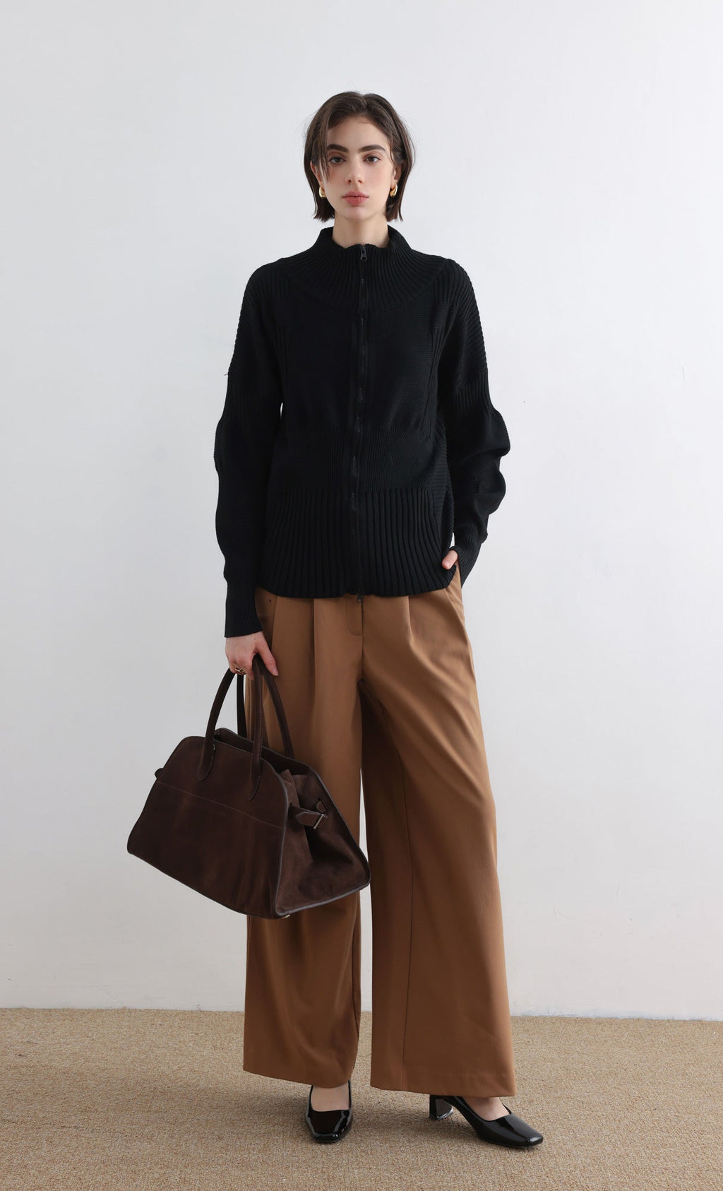 High Neck Knitted Pleated Zip-Up Cardigan_Black