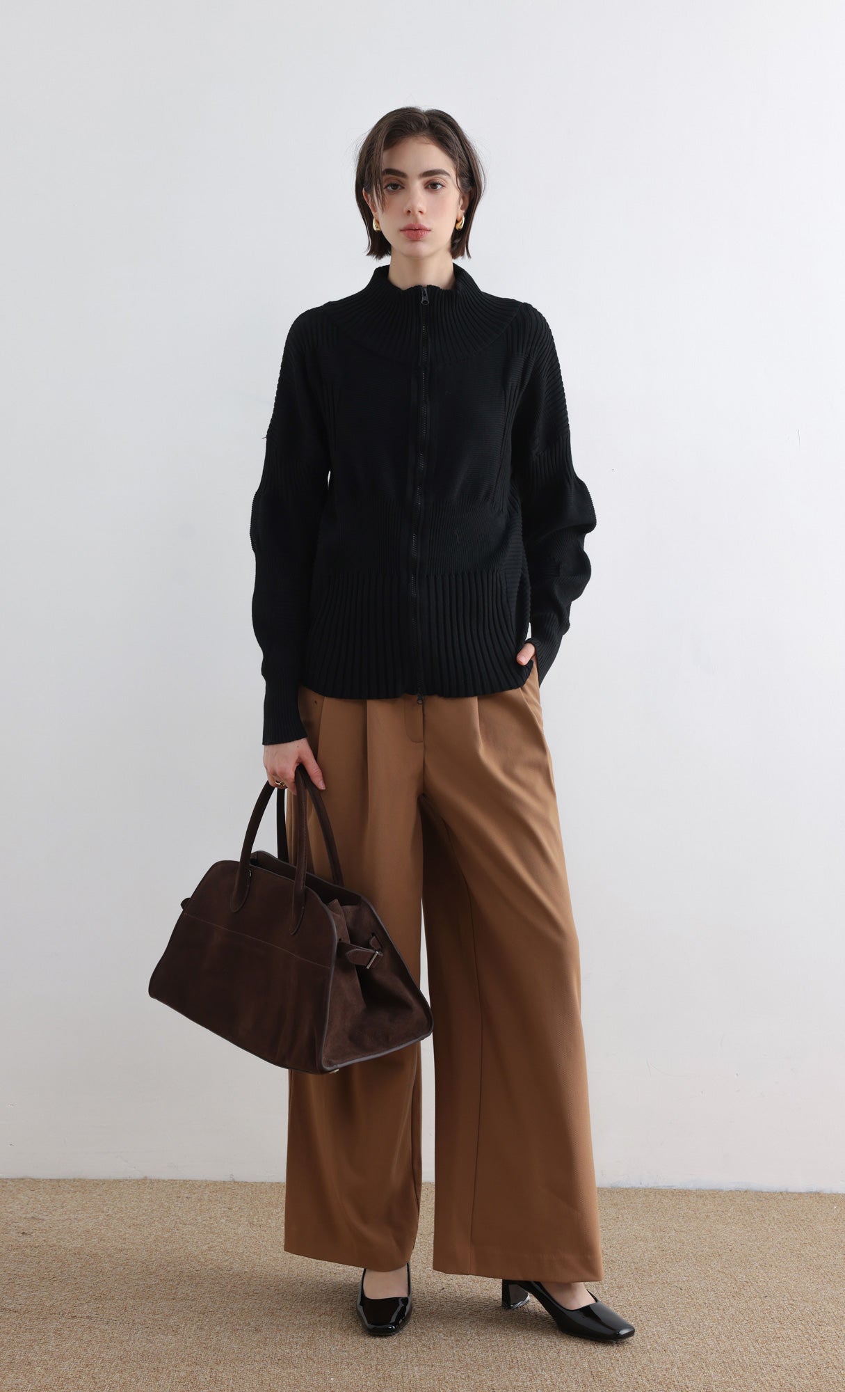 High Neck Knitted Pleated Zip-Up Cardigan_Black