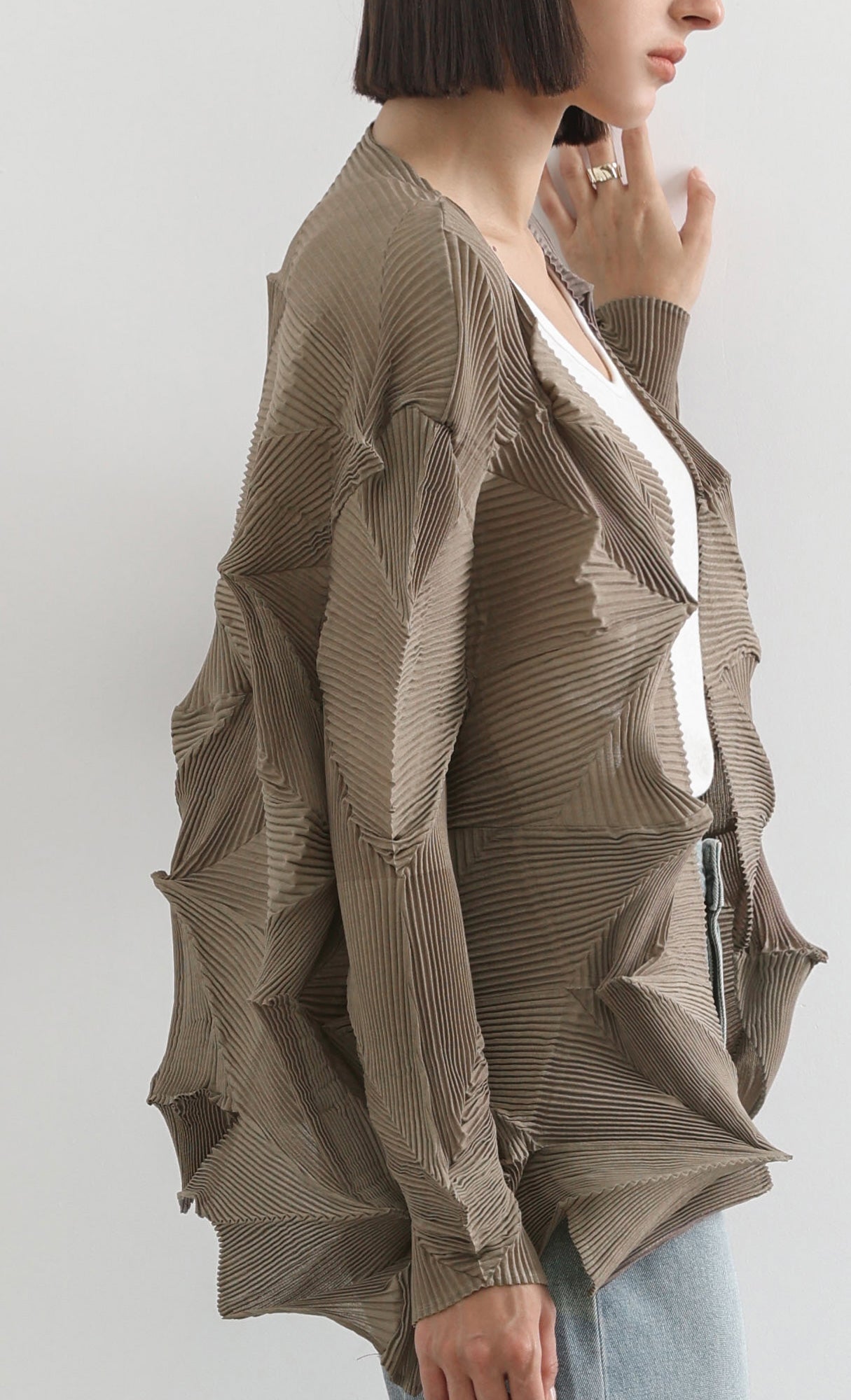 geo pleated jacket cardigan_brown