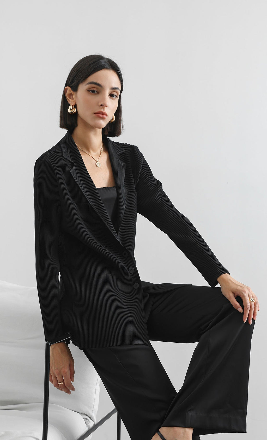 curve pleated set-up jacket_black